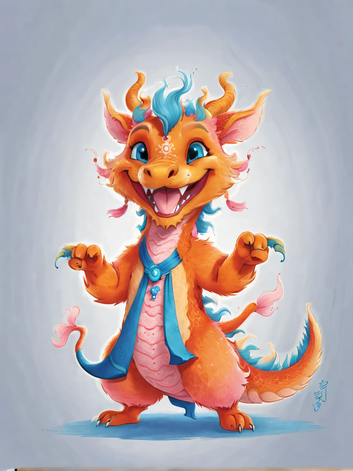 role conception, Featuring the adorable zodiac sign Dragon,exaggerated gait, orange fur, big blue eyes, Squint your eyes and smile mischievously (Crescent), Wearing scarlet clothes, range mark drawing, monochrome, Ballpoint pen outline, 4K, soft pink, interesting,