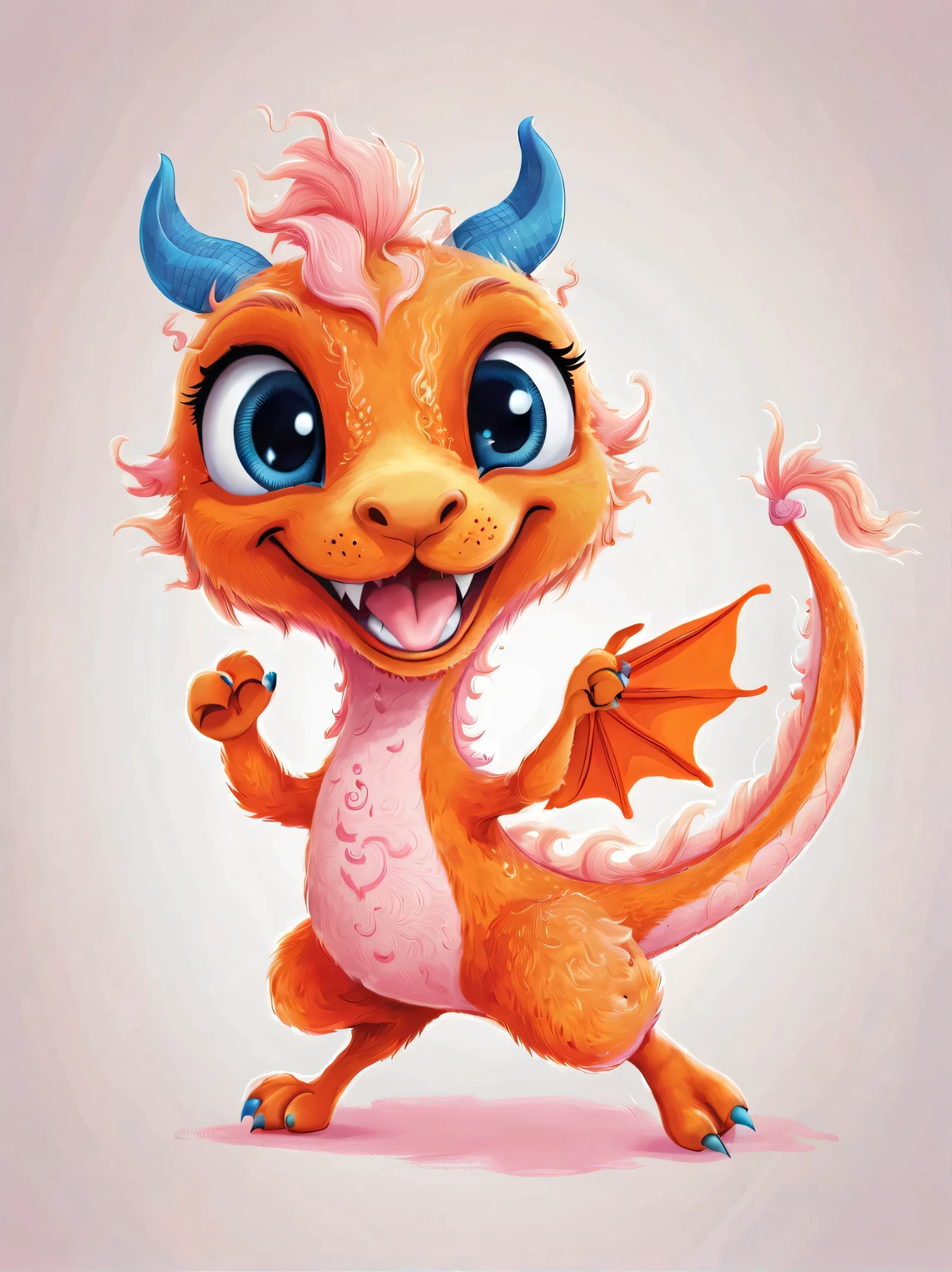 role conception, Featuring the adorable zodiac sign Dragon,exaggerated gait, orange fur, big blue eyes, Squint your eyes and smile mischievously (Crescent), Wearing scarlet clothes, range mark drawing, monochrome, Ballpoint pen outline, 4K, soft pink, interesting,