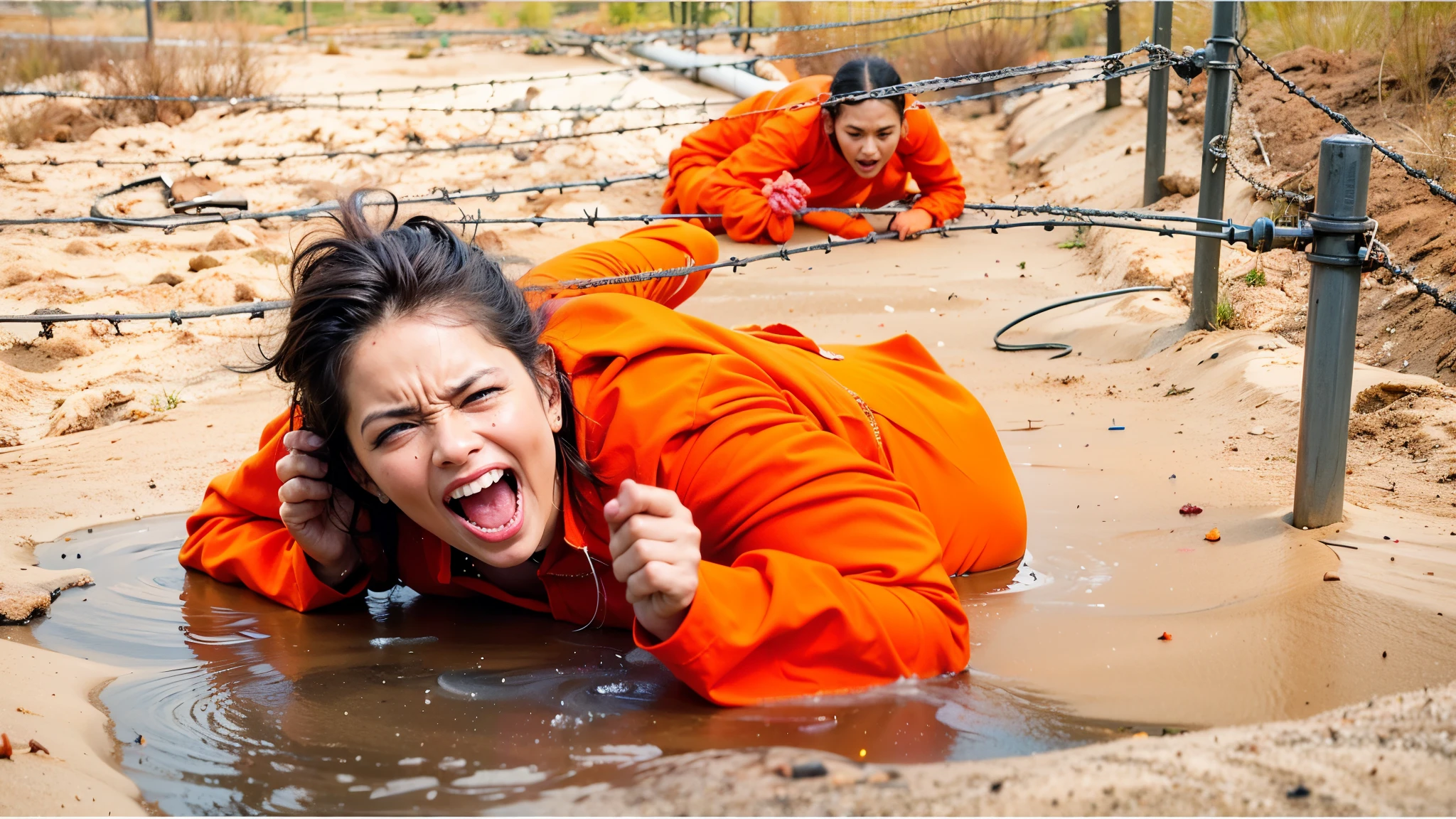 there is two woman prisoner wearing orange outfit jumpsuit crawling in the sand with dirt water, two woman prisoner shouting and angry begging for help, people crawling in fear, in orange clothes, wearing orange prison jumpsuit, two woman prisoner wearing orange outfit jumpsuit crawling of spiky barbed wire, trying to escape, realistic image, 16k resolution, very detailed, caught on footage, very detailed faces, very detailed grip fingers, background is prison ground area
