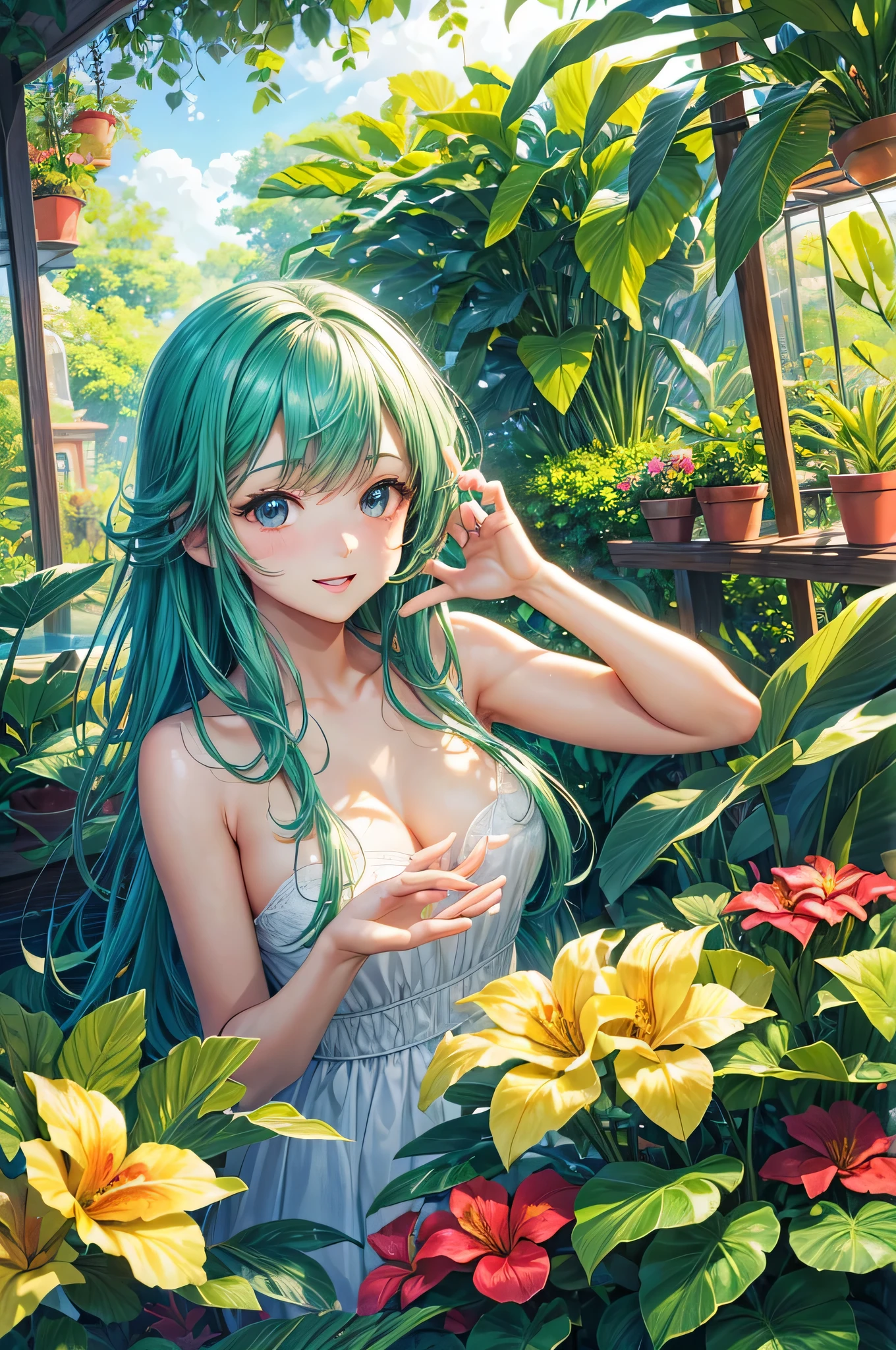 (melhor qualidade,high resolution:1.2),realista,anime,Garota,estufa,exuberante,plantas tropicais,exotic,folhas coloridas,flores vibrantes,soft natural lighting,detido,olhos expressivos,ambiente exuberante,atmosfera serena,peaceful,ambiente tranquilo,aesthetic composition,paleta colorida,lindamente ilustrado,obra de arte,detalhes delicados,emotive facial expression,pose natural,Cheerful and relaxed atmosphere,clean and sharp lines,artistic foliage,sombras sutis,destaques estrategicamente posicionados,Perfectly balanced composition,Captivating scenery,Tropical paradise,dream-like setting,lively and energetic,fofo e charmoso,toque caprichoso,alegre e despreocupado,magical atmosphere,beleza encantadora,ethereal ambiance.