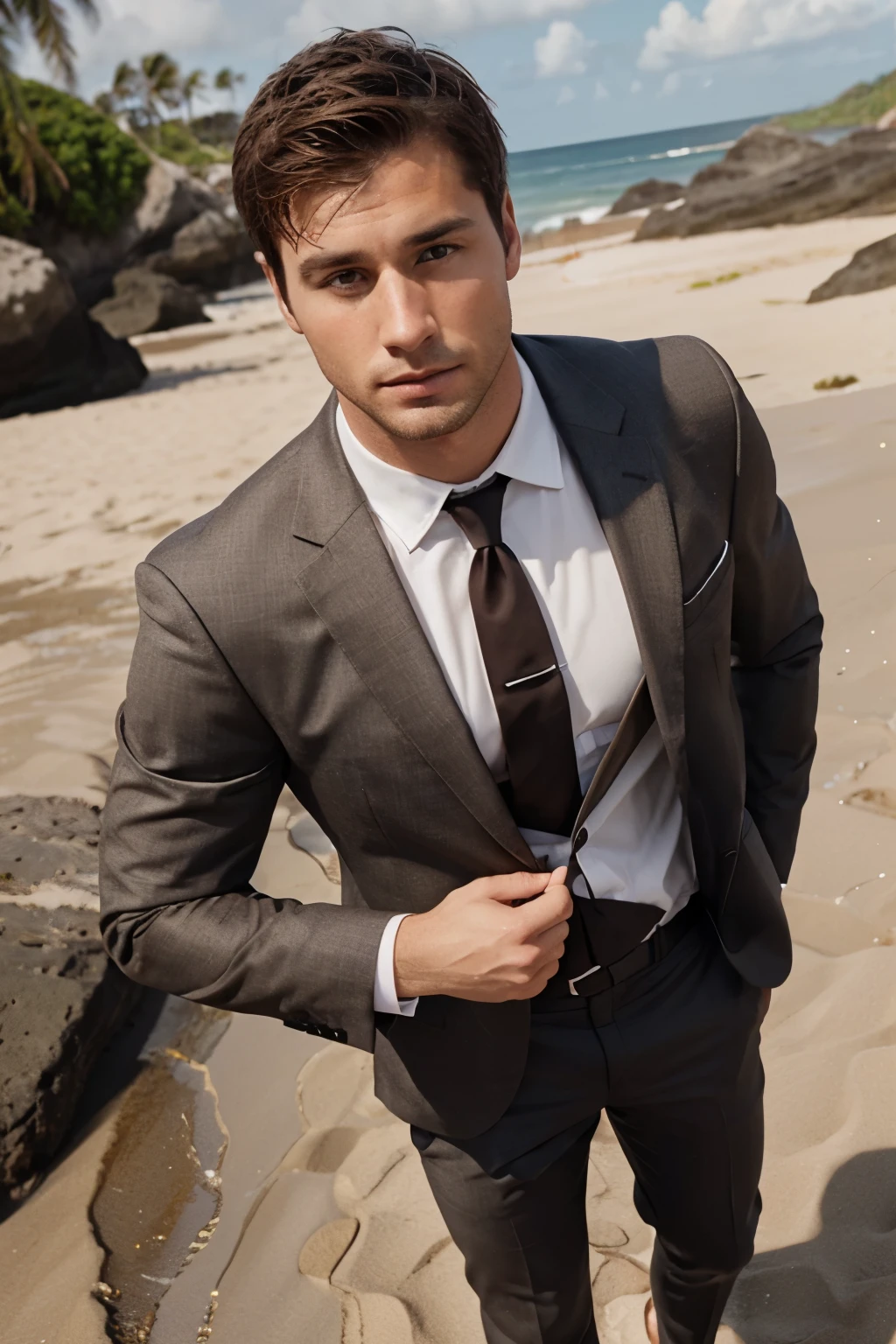 Attractive athletic 30 year old man with short brown hair in business suit Hugo boss, Ultra realistic full body photo with realistic eyes on the beach