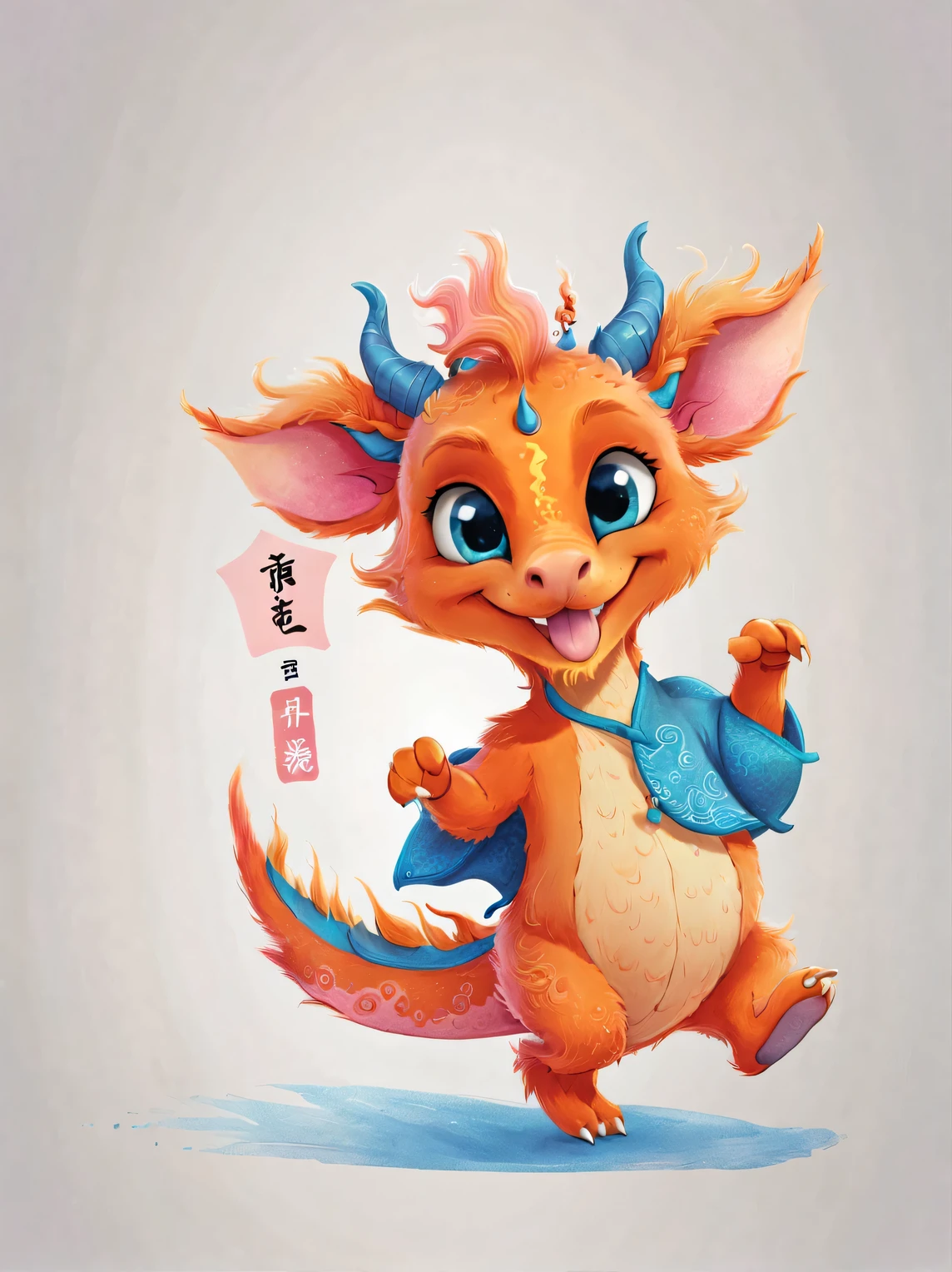 role conception, Featuring the adorable zodiac sign Dragon,exaggerated gait, orange fur, big blue eyes, Squint your eyes and smile mischievously (Crescent), Wearing scarlet clothes, range mark drawing, monochrome, Ballpoint pen outline, 4K, soft pink, interesting,