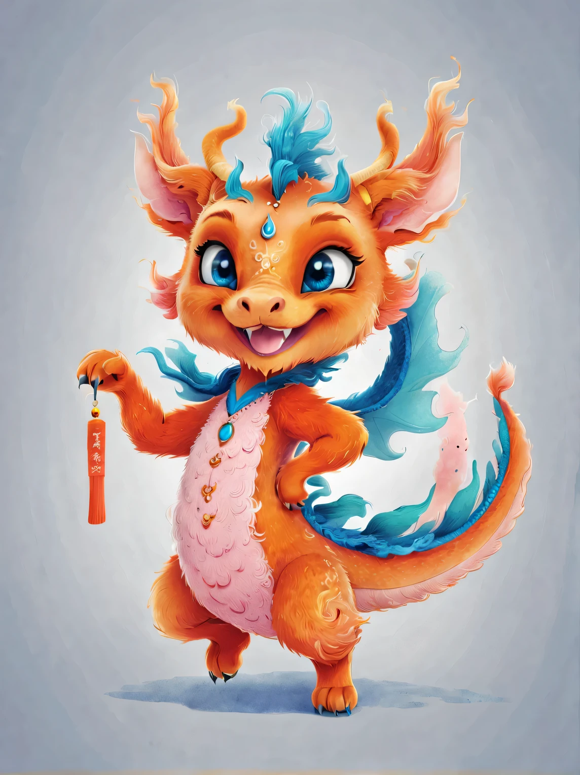 role conception, Featuring the adorable zodiac sign Dragon,exaggerated gait, orange fur, big blue eyes, Squint your eyes and smile mischievously (Crescent), Wearing scarlet clothes, range mark drawing, monochrome, Ballpoint pen outline, 4K, soft pink, interesting,