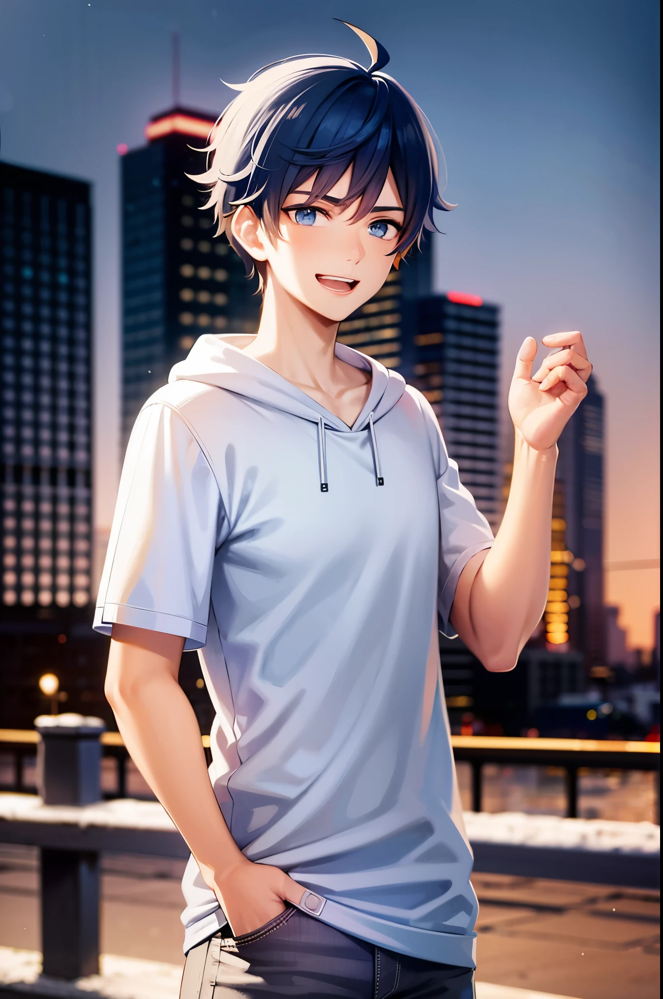 young boy, blue hair, blue eyes, white t-shirt, moleton,  white hood, , jeans pants, blue jeans, in a snowly city, smiling, sunset, 4k, masterpiece, detailed,
