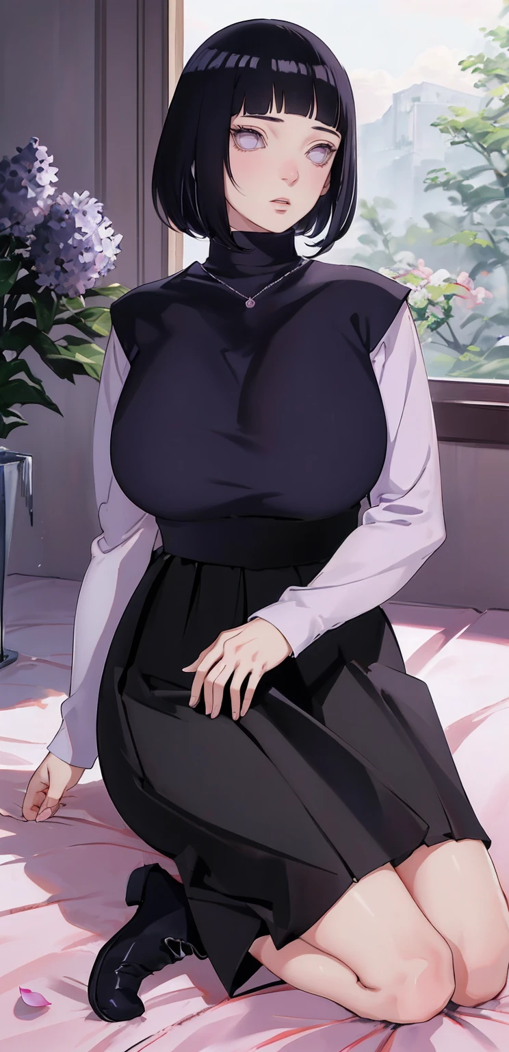 { - anatomy error} (Masterpiece - Ultra-detailed, very high resolution) (huge titusty, masterpiece, absurdres, hinata\(boruto\), 1girl, solo,mature female, lilac turtleneck blouse, high waist black long skirt, looking at viewelling petals), perfect composition, detailed lips, big breast, beautiful face, body propotion, blush, (pink lips), short hair, (black hair), purple eyes, soft gaze, super realistic, detailed, photoshoot, realistic face and body, closed mouth , lilac eyes, full body, sitting on the floor , back boots, hidden hands, perfect fingers, inocent face