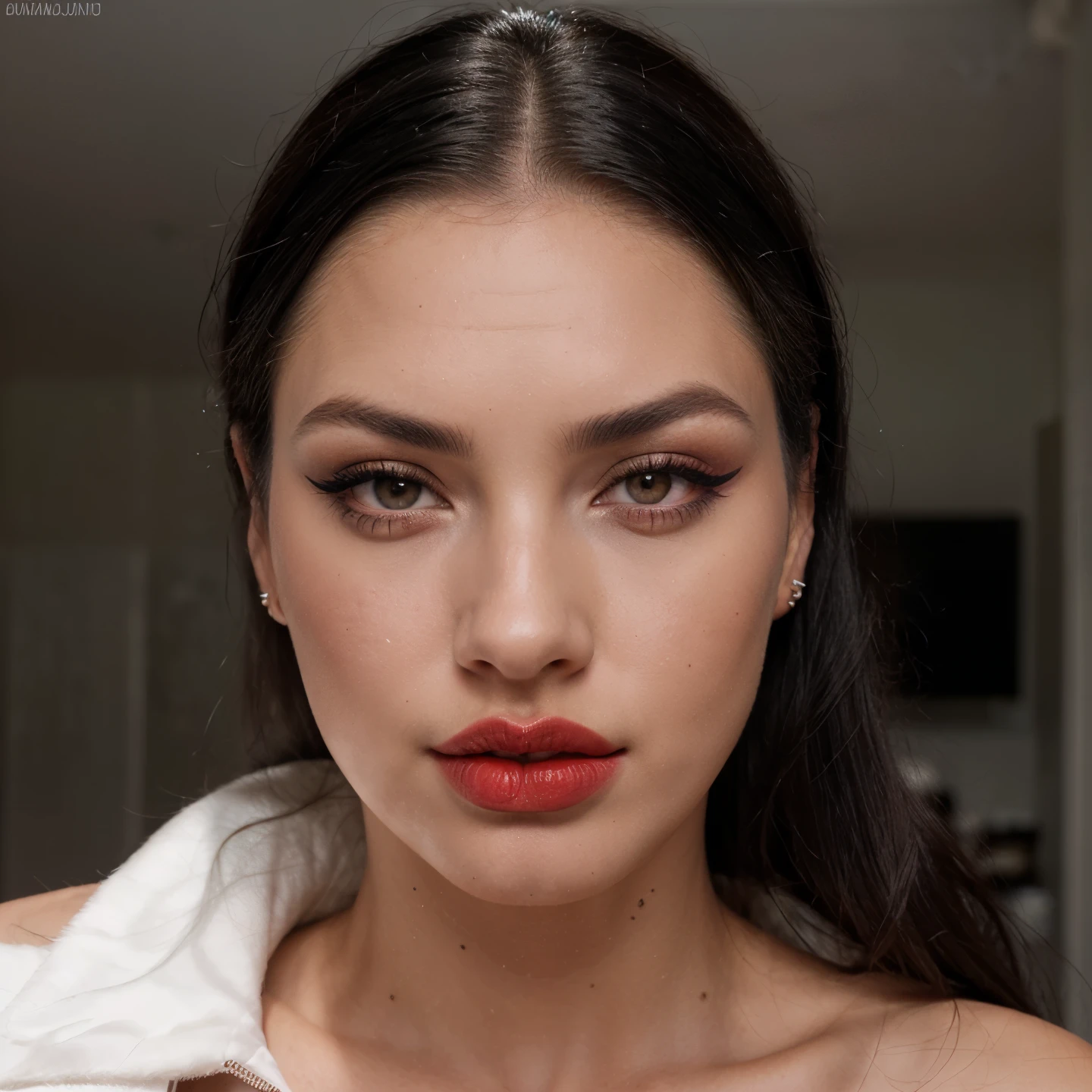 8K, best quality, masterpiece, 18 year old girl wearing white blouse unbuttoned, ((angry look in face)), wearing red lipstick and dark eye shadow, wearing a small key on a necklace