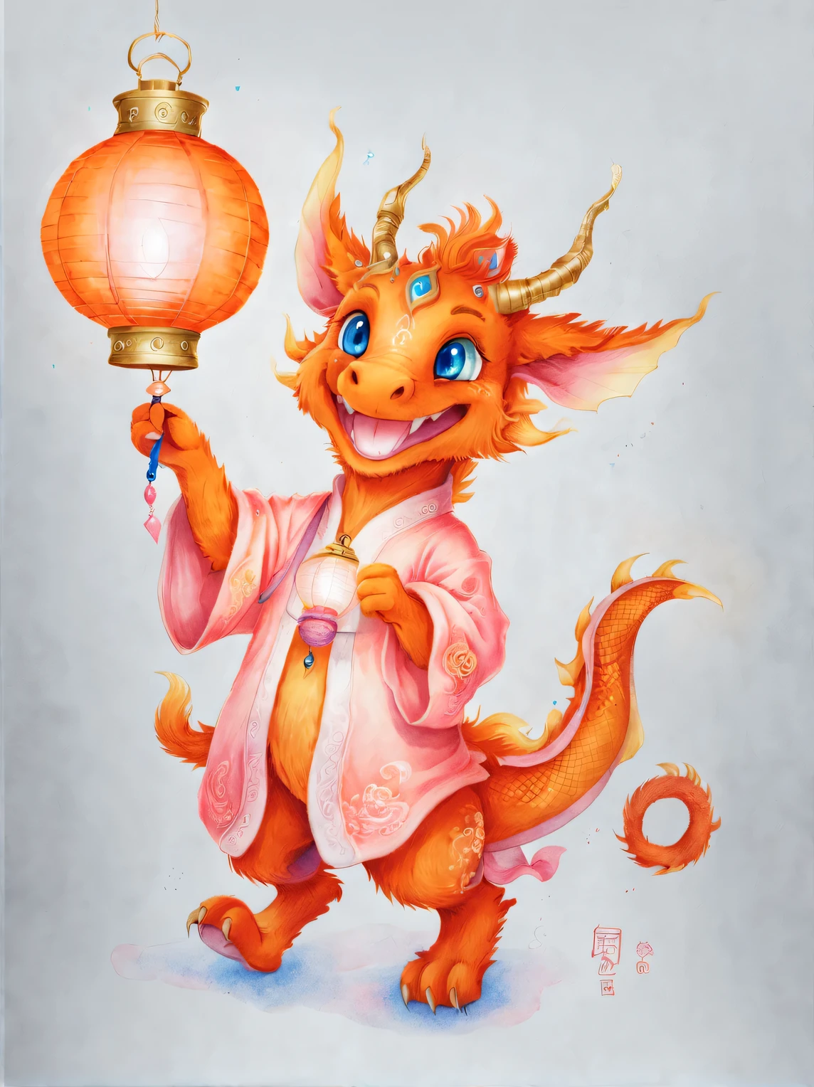 character idea, Featuring the adorable zodiac sign Dragon，exaggerated gait, orange fur, big blue eyes, Narrow your eyes and smile mischievously， (Take the lantern：0.8), wearing scarlet clothes, range mark plot, monochrome, Ballpoint pen outline, 4K, soft pink, interesting,