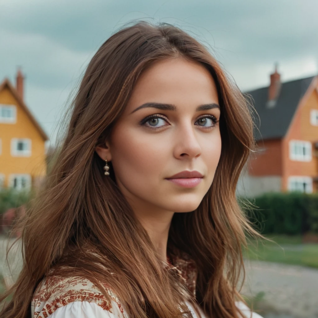 Arafed woman with long brown hair and earrings, standing in front of the house, beautiful scandinavian woman, photo of a beautiful woman, girl with brown hair, portrait of a Scandinavian girl, soft portrait shot 8K, Beautiful young woman, portrait of a beautiful model, a Beautiful young woman, young beautiful woman, attractive young woman, portrait 70 mm, cute young woman