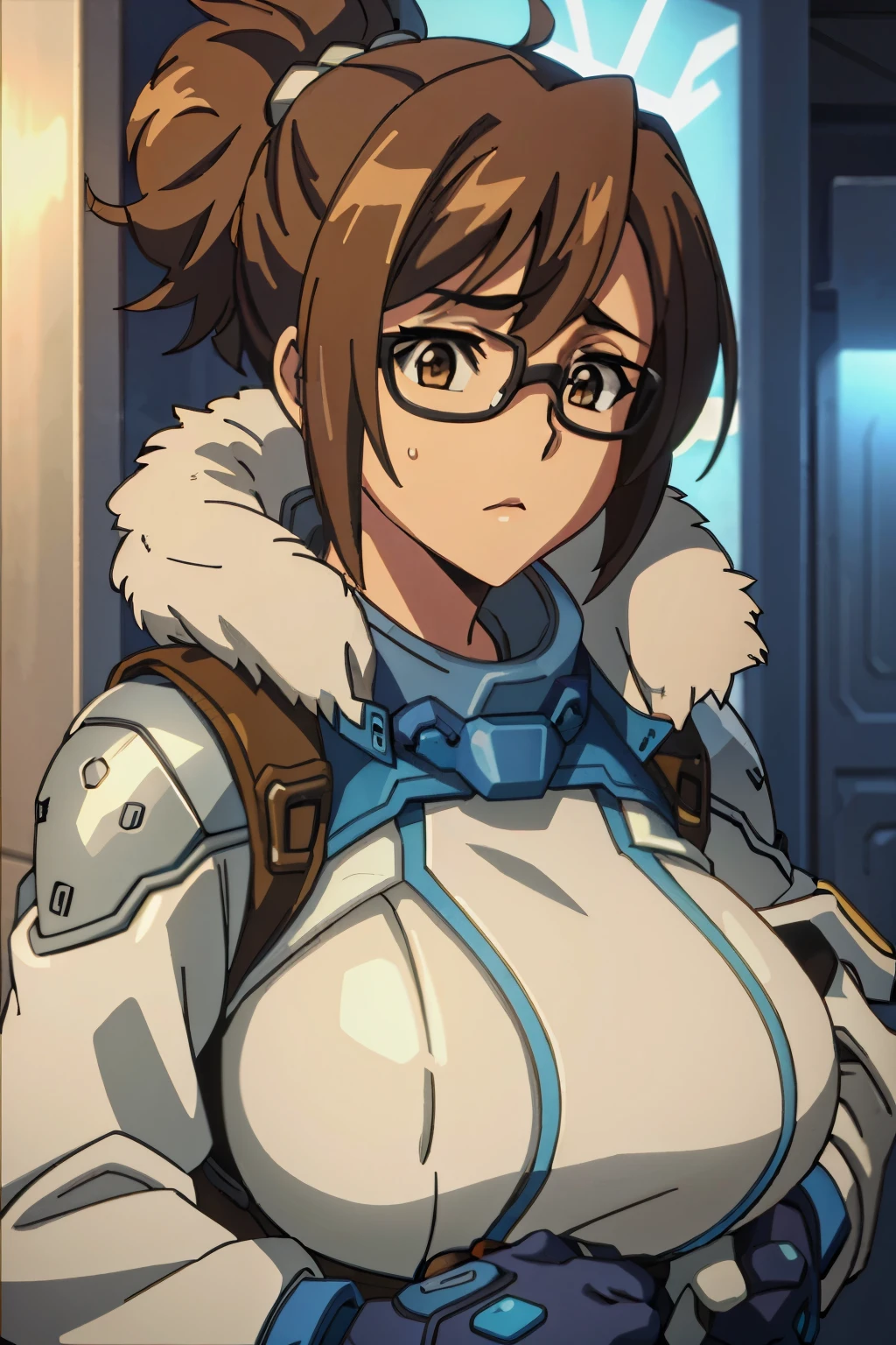 MeiOver, 1girl, mei (overwatch), black-framed eyewear, brown hair, glasses, solo, brown eyes, hair ornament, blue gloves, gloves, hair bun, short hair, fur trim, coat, single hair bun, hair stick, jacket, upper body, lips, bangs, winter coat, winter clothes,gigantic breasts,nose, closed mouth, fur-trimmed jacket, parka, swept bangs, fur coat, open coat, 