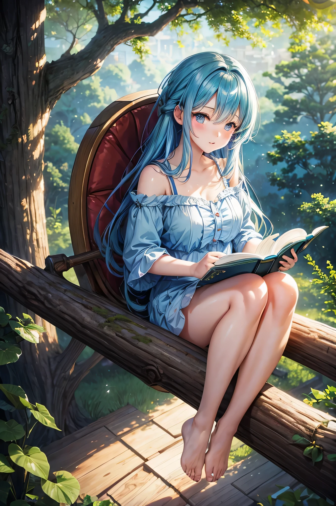 ( anime de cabelos azuis,tree house,lendo um livro,luz suave da noite),(illustration),fundo detalhado,high resolution, HDR, cores vivas, atmosfera suave