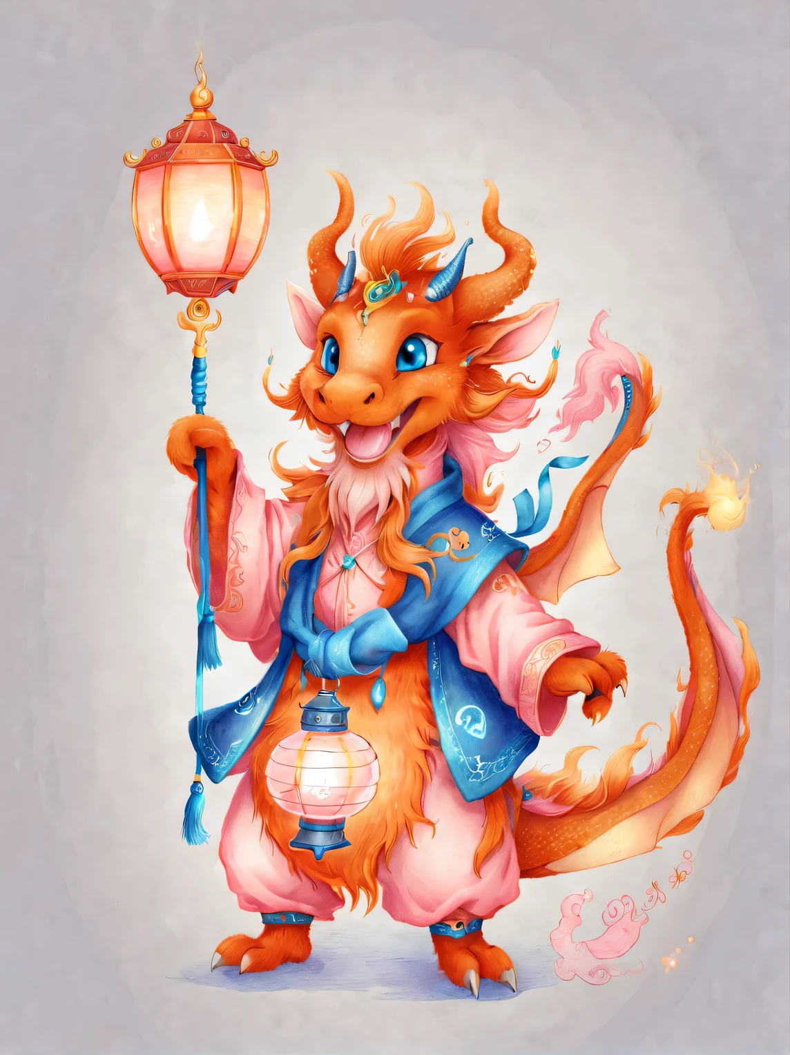 character idea, Featuring the adorable zodiac sign Dragon,exaggerated gait, orange fur, big blue eyes, Narrow your eyes and smile mischievously, (Take the lantern:0.8), wearing scarlet clothes, range mark plot, monochrome, Ballpoint pen outline, 4K, soft pink, interesting,