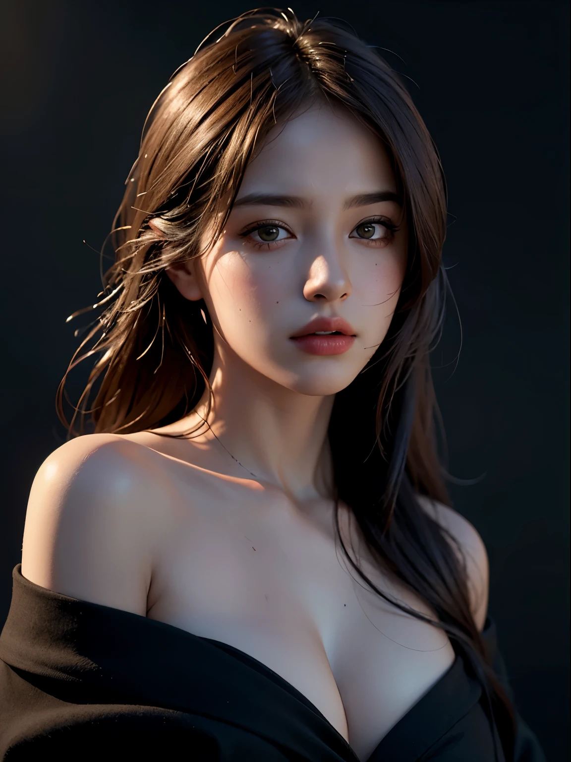 Best quality, masterpiece, ultra high res, (photorealistic:1.4), raw photo, 1girl, offshoulder, in the dark, deep shadow, low key, cold light