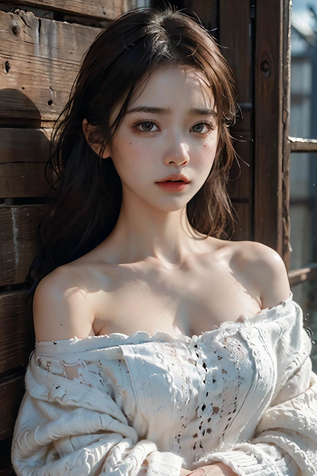 Best quality,masterpiece,ultra high res,(photorealistic:1.4),raw photo,(Authentic skin texture:1.3),(film grain:1.3),panorama,character portrait,very wide shot,narrow waist,cowboy shot,(in the dark, deep shadow, low key, cold light,) night,close-up,streaming tears,
indoor,dust,Tyndall effect,sad,disappointed,gloom (expression),sitting,(against wall),crying,frown,(head bowed),nervous,tearing up,lonely,
1girl,beautiful detailed eyes and face,white jabot,off shoulder,brown eyes,in the houses