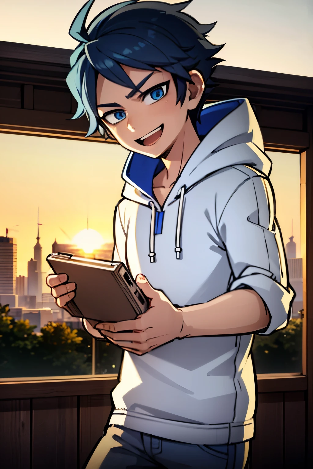 young boy, blue hair, blue eyes, white t-shirt, moleton, white hood, , jeans pants, blue jeans, in a snowly city, smiling, sunset, 4k, masterpiece, detailed,
