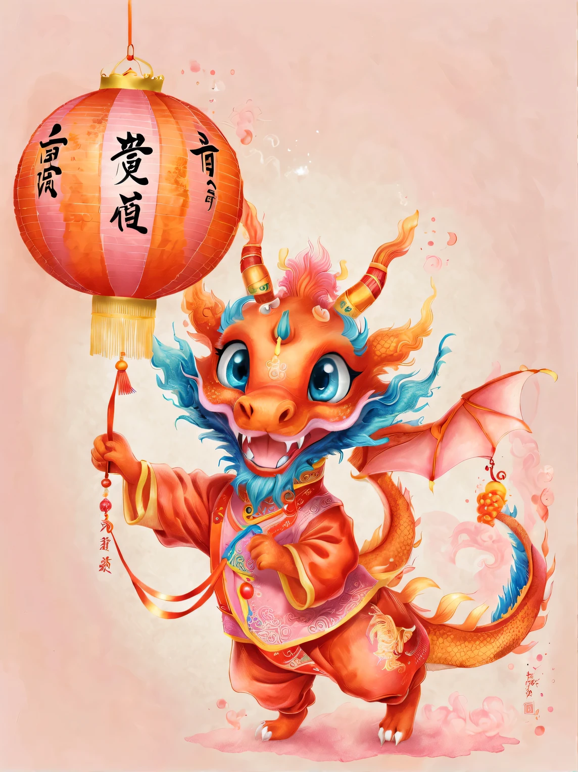 character idea, Featuring the adorable zodiac sign Dragon,exaggerated gait, orange fur, big blue eyes, Narrow your eyes and smile mischievously, (Holding a Chinese paper lantern:0.8), wearing scarlet clothes, range mark plot, monochrome, Ballpoint pen outline, 4K, soft pink, interesting,