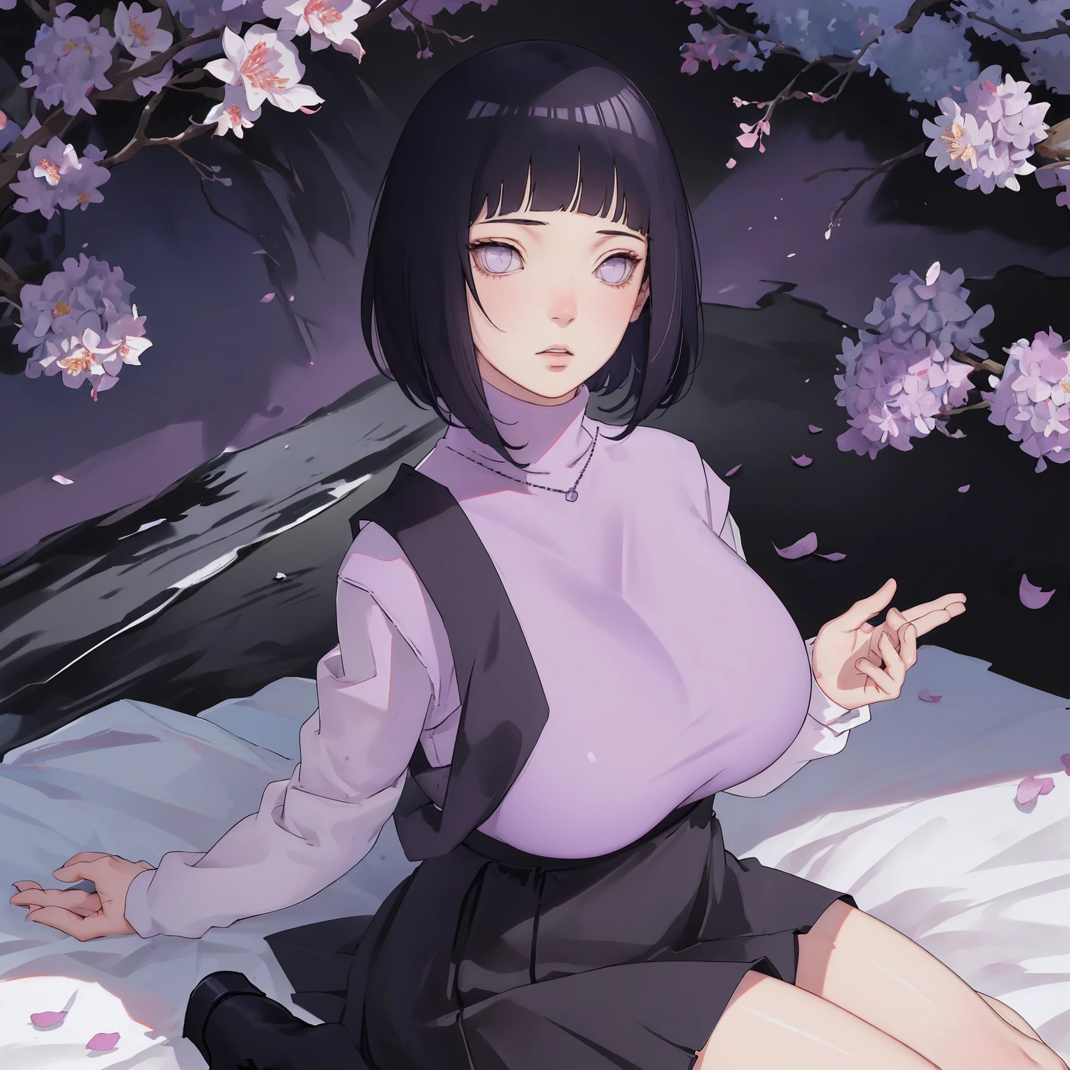 { - anatomy error} (Masterpiece - Ultra-detailed, very high resolution) (huge titusty, masterpiece, absurdres, hinata\(boruto\), 1girl, solo,mature female, lilac turtleneck blouse, high waist black long skirt, looking at viewelling petals), perfect composition, detailed lips, big breast, beautiful face, body propotion, blush, (pink lips), short hair, (black hair), purple eyes, soft gaze, super realistic, detailed, photoshoot, realistic face and body, closed mouth , lilac eyes, full body, sitting on the floor , back boots, hidden hands, perfect fingers, inocent face