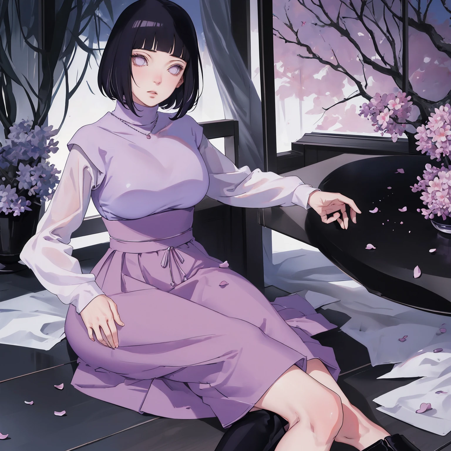 { - anatomy error} (Masterpiece - Ultra-detailed, very high resolution) (huge titusty, masterpiece, absurdres, hinata\(boruto\), 1girl, solo,mature female, lilac turtleneck blouse, high waist black long skirt, looking at viewelling petals), perfect composition, detailed lips, big breast, beautiful face, body propotion, blush, (pink lips), short hair, (black hair), purple eyes, soft gaze, super realistic, detailed, photoshoot, realistic face and body, closed mouth , lilac eyes, full body, sitting on the floor , back boots, hidden hands, perfect fingers, inocent face
