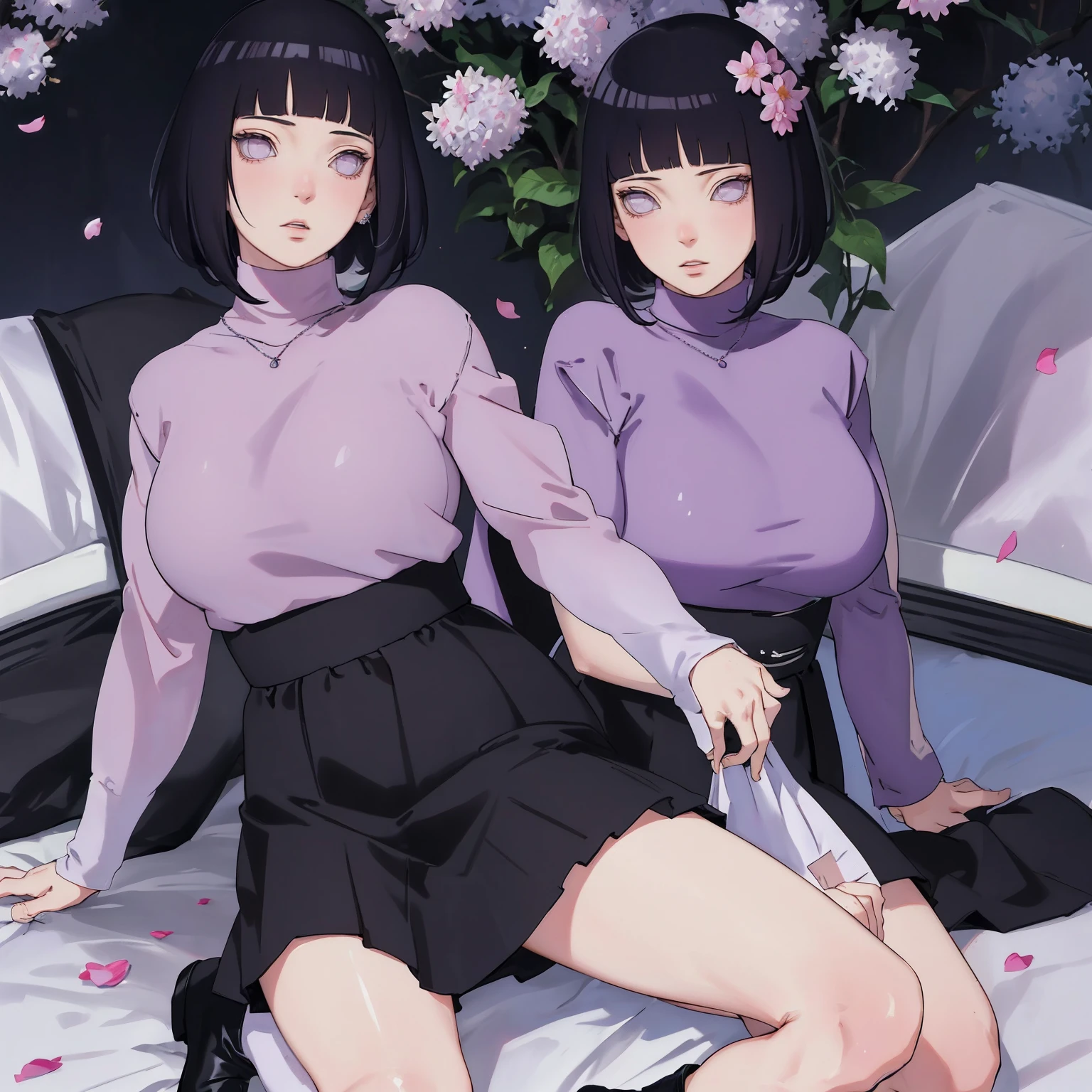 { - anatomy error} (Masterpiece - Ultra-detailed, very high resolution) (huge titusty, masterpiece, absurdres, hinata\(boruto\), 1girl, solo,mature female, lilac turtleneck blouse, high waist black long skirt, looking at viewelling petals), perfect composition, detailed lips, big breast, beautiful face, body propotion, blush, (pink lips), short hair, (black hair), purple eyes, soft gaze, super realistic, detailed, photoshoot, realistic face and body, closed mouth , lilac eyes, full body, sitting on the floor , back boots, hidden hands, perfect fingers, inocent face