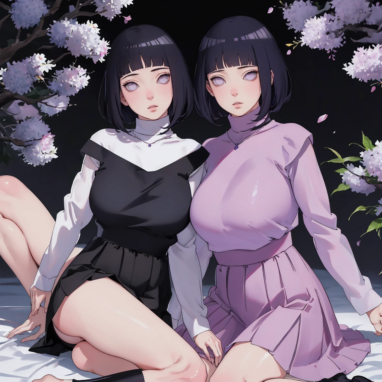 { - anatomy error} (Masterpiece - Ultra-detailed, very high resolution) (huge titusty, masterpiece, absurdres, hinata\(boruto\), 1girl, solo,mature female, lilac turtleneck blouse, high waist black long skirt, looking at viewelling petals), perfect composition, detailed lips, big breast, beautiful face, body propotion, blush, (pink lips), short hair, (black hair), purple eyes, soft gaze, super realistic, detailed, photoshoot, realistic face and body, closed mouth , lilac eyes, full body, sitting on the floor , back boots, hidden hands, perfect fingers, inocent face