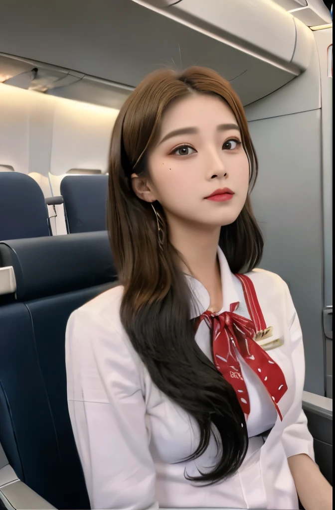 (8K、Raw photo、highest quality、hentel realism、Photoreal、professional lighting、master piece、extremely delicate and beautiful、very detailed、small details、super detailed、High resolution、full shot)、SFV、Detailed scene inside a very crowded plane、(((On the plane)))、1 girl、1 Flight attendants、Beautiful female flight attendant(female 1)Sigh、wear Air Asia uniform、beautiful face:1.5、model body shape、