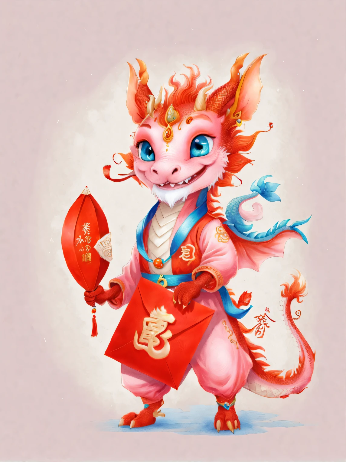 character idea, Featuring the adorable zodiac sign Dragon,exaggerated gait, orange fur, big blue eyes, Narrow your eyes and smile mischievously, (Holding a big red envelope and ingot:0.8), wearing scarlet clothes, range mark plot, monochrome, Ballpoint pen outline, 4K, soft pink, interesting,