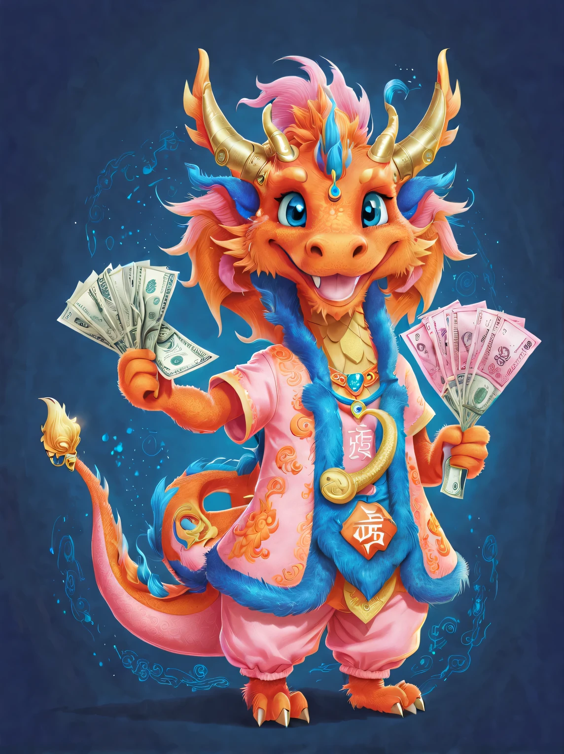 character idea, Featuring the adorable zodiac sign Dragon,exaggerated gait, orange fur, big blue eyes, Narrow your eyes and smile mischievously, (Holding a large amount of money), wearing scarlet clothes, range mark plot, monochrome, Ballpoint pen outline, 4K, soft pink, interesting,