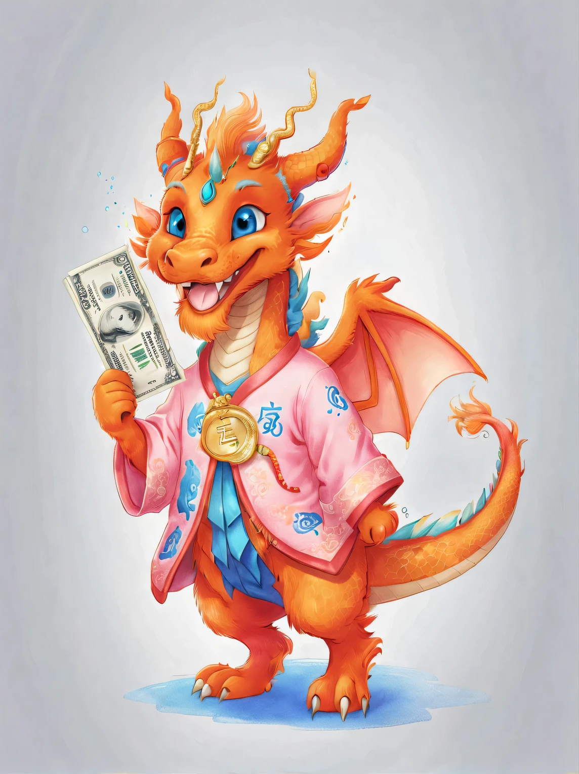 character idea, Featuring the adorable zodiac sign Dragon,exaggerated gait, orange fur, big blue eyes, Narrow your eyes and smile mischievously, (Holding a large amount of money), wearing scarlet clothes, range mark plot, monochrome, Ballpoint pen outline, 4K, soft pink, interesting,