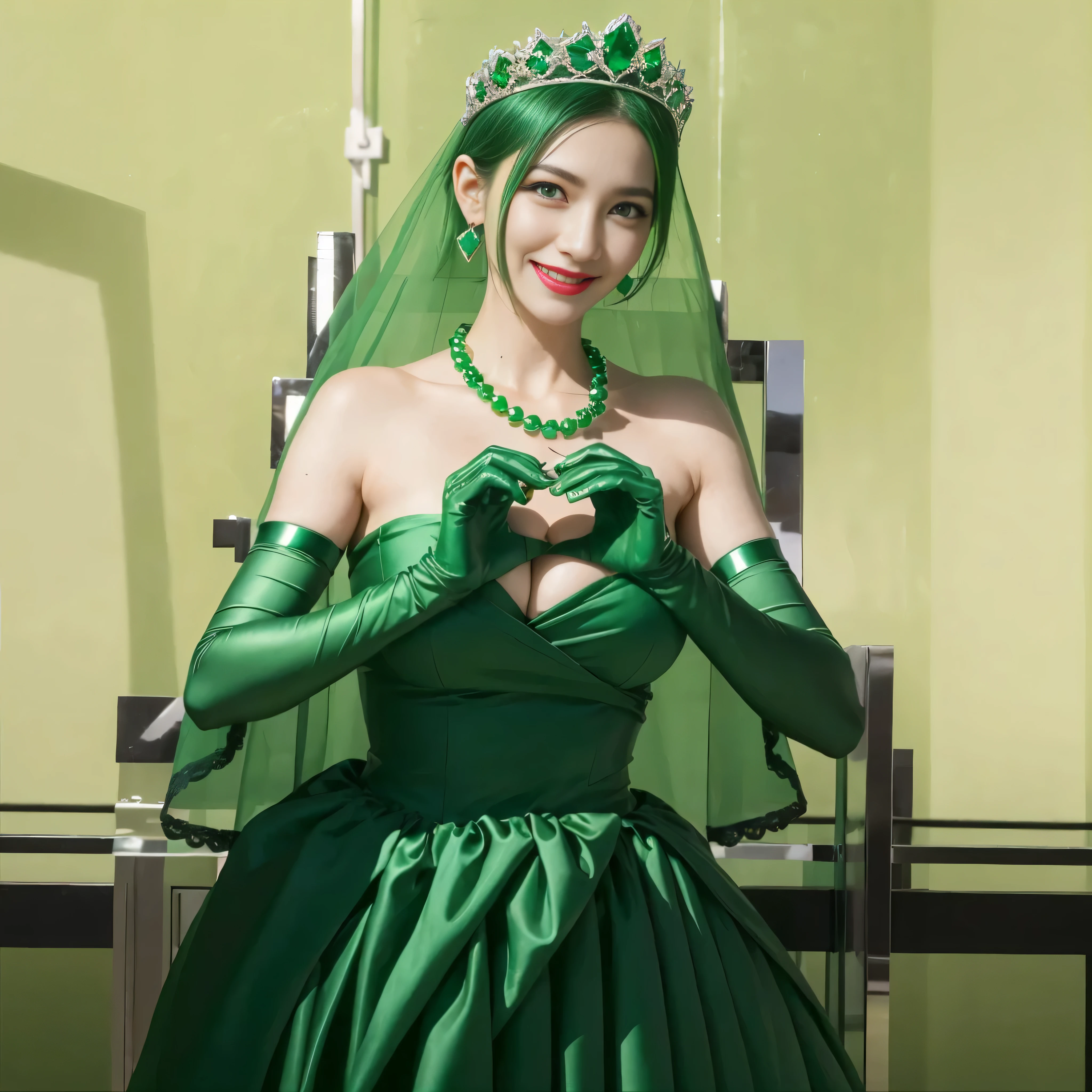 emerald tiara, green pearl necklace, ボーイッシュな非常に短いgreen hair, lipstick, smiling woman, very short hair, Beauty with large breasts, green eyes, Long Green Satin Gloves, green eyes, emerald earrings, green veil, heart with both hands, green hair, Beautiful woman in her 30s, heart shaped hand:1.3