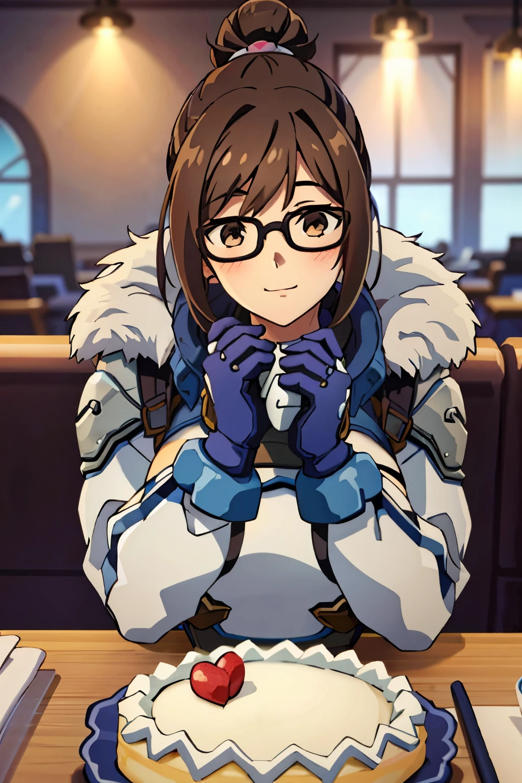 MeiOver, 1girl, mei (overwatch), black-framed eyewear, brown hair, glasses, solo, brown eyes, hair ornament, blue gloves, gloves, hair bun, short hair, fur trim, coat, single hair bun, hair stick, jacket, upper body, lips, bangs, winter coat, winter clothes,gigantic breasts,nose, closed mouth, fur-trimmed jacket, parka, swept bangs,, fur coat, pov across table,looking at viewer,sitting, BREAK CONCEPT_pov_dating_ownwaifu,www.ownwaifu.com, 1girl,solo,cup,food,smile,table,blush,plate,blurry,drinking glass,fork,depth of field,blurry background,holding,indoors,blurry foreground,cake,restaurant,spoon,cafe,glass,ice cube,head rest,