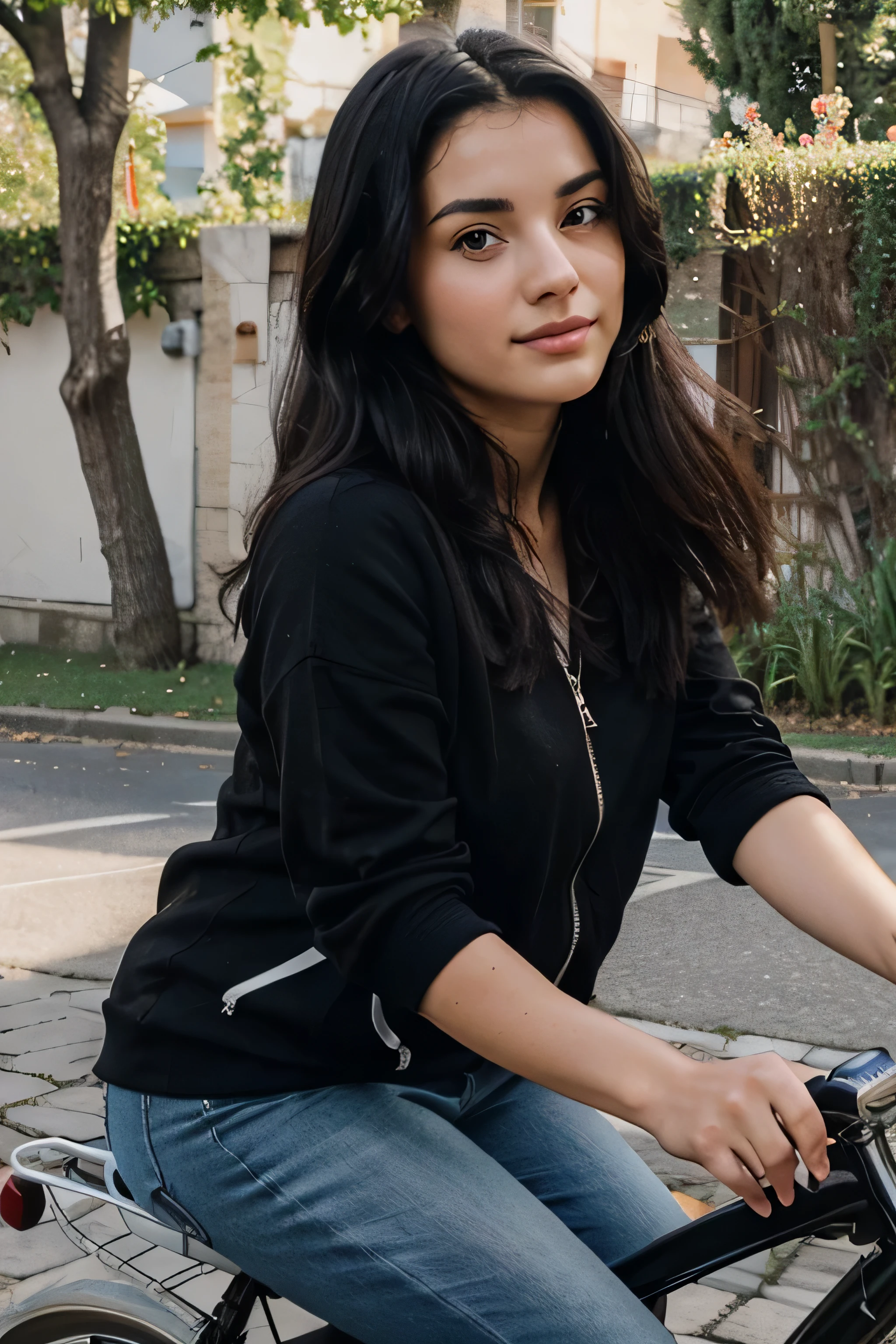 beautiful Italian girl with black hair around 25 years old looking cute riding bike