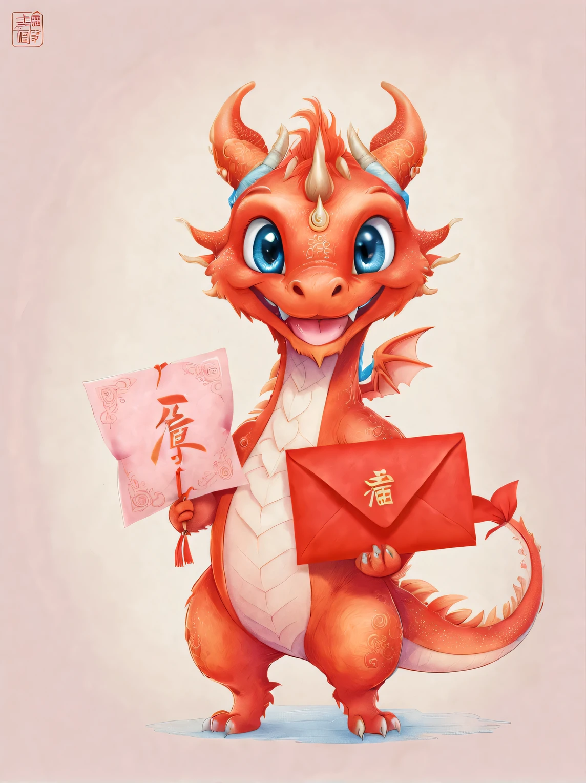 character idea, Featuring the adorable zodiac sign Dragon，exaggerated gait, orange fur, big blue eyes, Narrow your eyes and smile mischievously， (Holding a big red envelope), wearing scarlet clothes, range mark plot, monochrome, Ballpoint pen outline, 4K, soft pink, interesting,