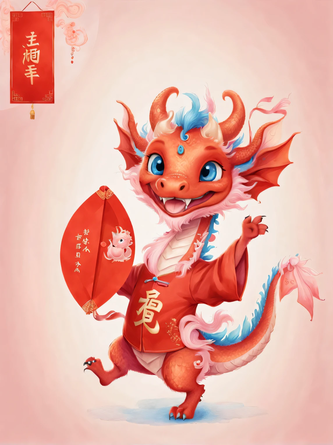 character idea, Featuring the adorable zodiac sign Dragon,exaggerated gait, orange fur, big blue eyes, Narrow your eyes and smile mischievously, (Holding a big red envelope:0.8), wearing scarlet clothes, range mark plot, monochrome, Ballpoint pen outline, 4K, soft pink, interesting,