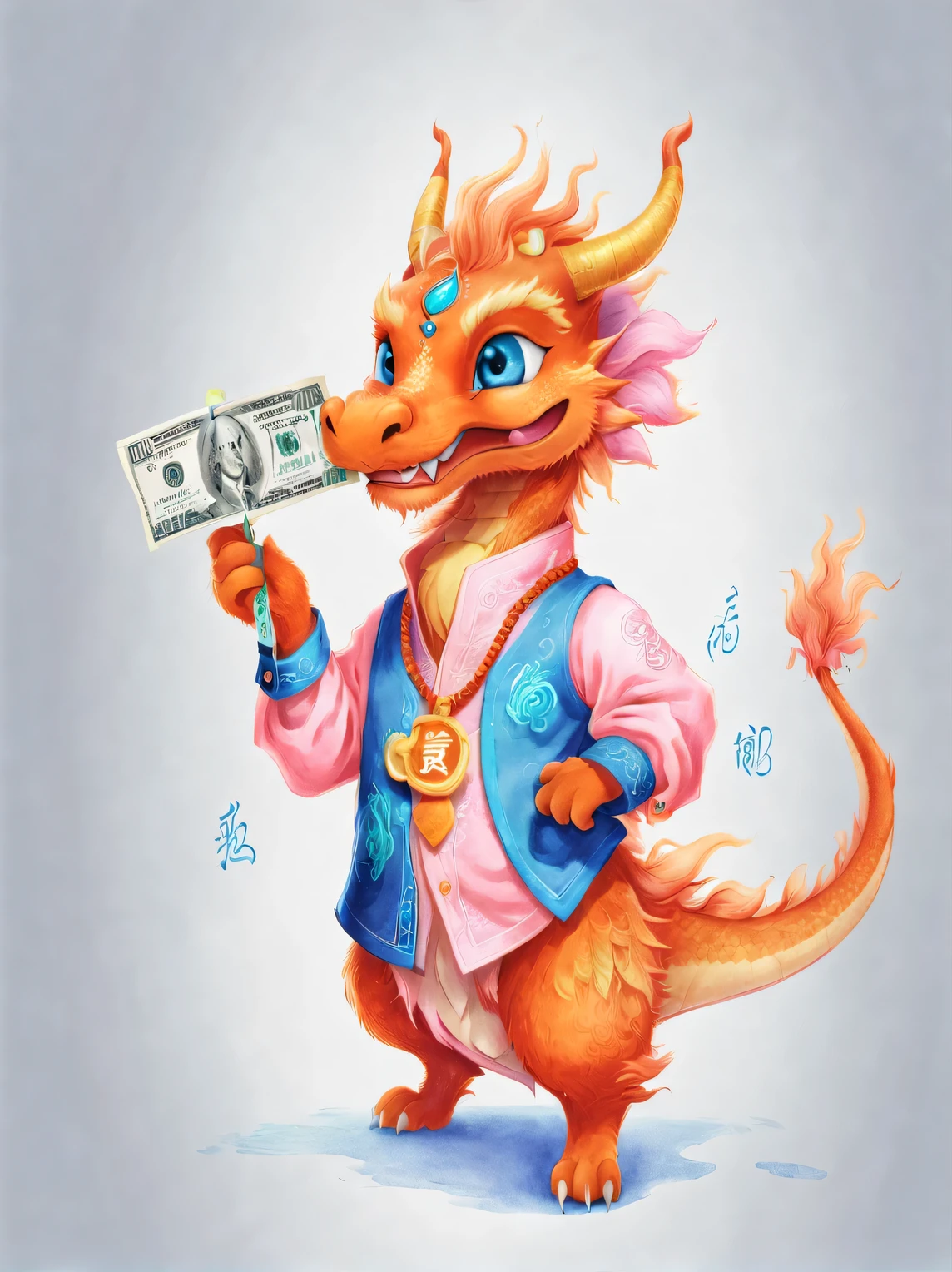 character idea, Featuring the adorable zodiac sign Dragon，exaggerated gait, orange fur, big blue eyes, Narrow your eyes and smile mischievously， (Hold RMB currency), wearing scarlet clothes, range mark plot, monochrome, Ballpoint pen outline, 4K, soft pink, interesting,