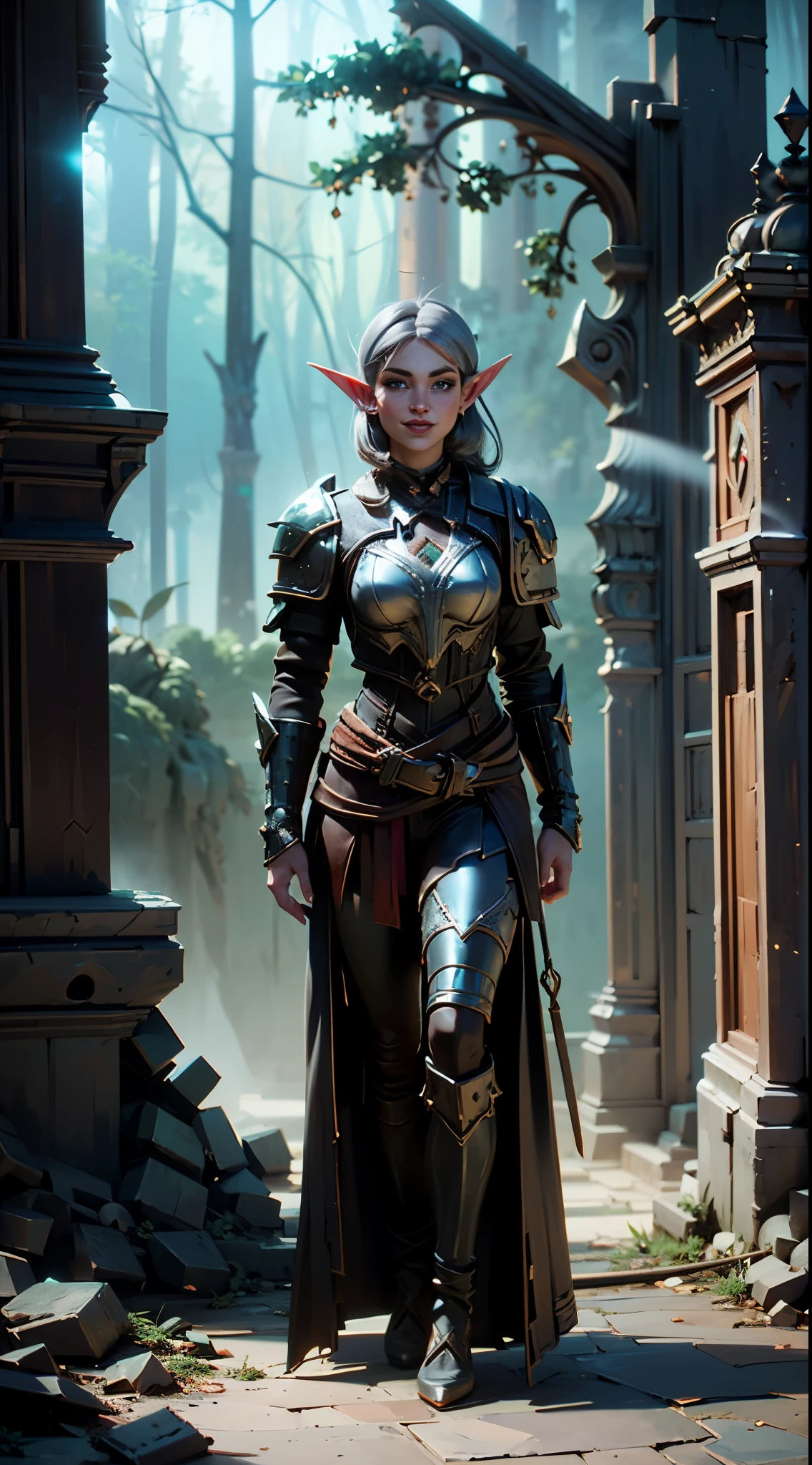 (Numerous award-winning masterpiece, with incredible detail, textures and maximum detail), (hyper realistic:1.4), (Full body image:1.8),((fantasy world)), (Beautiful elf female hunter:1.8),(languid and bewitching smile on the lips:1.5)(Seductive Gaze:1.9), best quality real texture skin, (bewitching finely Detailed and beautiful face:1.6),(Wearing a hunter leather armor set:1.99)(Image of aesthetic and decadent atmosphere:1.9), (fair but beautiful skin and face:1.8), (wearing many decadent and delicately crafted accessories:1.8),(Two eyes that emit strong green light from inside:1.4), ((dramatic photo)), ((cinematic light)),(dramatic pose), (smoke effects and bewitching light:1.4), (beautiful silver hair, Wind Effects:1.6), (Ruins of an old castle:1.7), (forest:1.6), pic realistic, faded, ((neutral colors)), art, (hdr:1.5), (muted colors:1.2), hyper detailed, (art station:1.5), cinematic, warm lights, light effect, dramatic light, (intricate details:1.1), complex background,