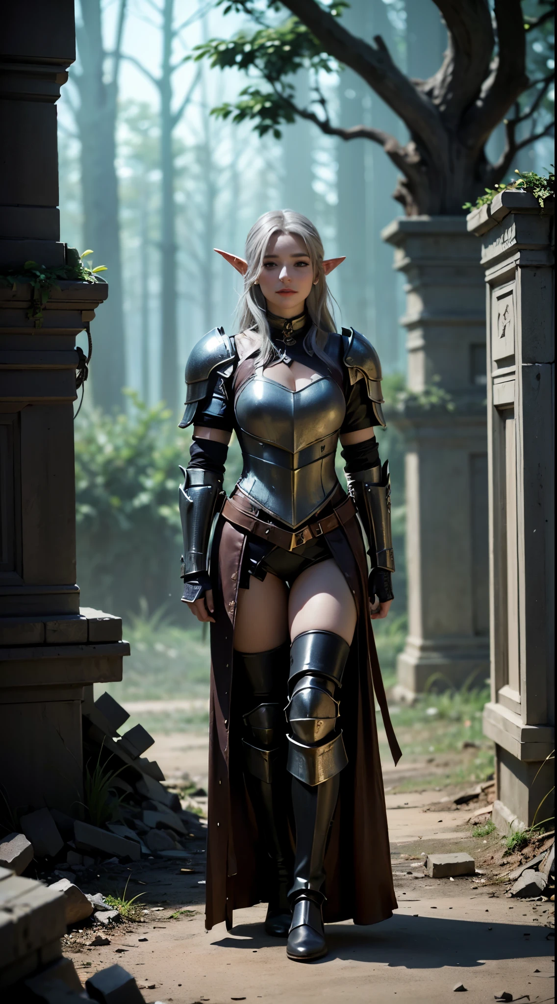 (Numerous award-winning masterpiece, with incredible detail, textures and maximum detail), (hyper realistic:1.4), (Full body image:1.8),((fantasy world)), (Beautiful elf female hunter:1.8),(languid and bewitching smile on the lips:1.5)(Seductive Gaze:1.9), best quality real texture skin, (bewitching finely Detailed and beautiful face:1.6),(Wearing a hunter leather armor set:1.99)(Image of aesthetic and decadent atmosphere:1.9), (fair but beautiful skin and face:1.8), (wearing many decadent and delicately crafted accessories:1.8),(Two eyes that emit strong green light from inside:1.4), ((dramatic photo)), ((cinematic light)),(dramatic pose), (smoke effects and bewitching light:1.4), (beautiful silver hair, Wind Effects:1.6), (Ruins of an old castle:1.7), (forest:1.6), pic realistic, faded, ((neutral colors)), art, (hdr:1.5), (muted colors:1.2), hyper detailed, (art station:1.5), cinematic, warm lights, light effect, dramatic light, (intricate details:1.1), complex background,