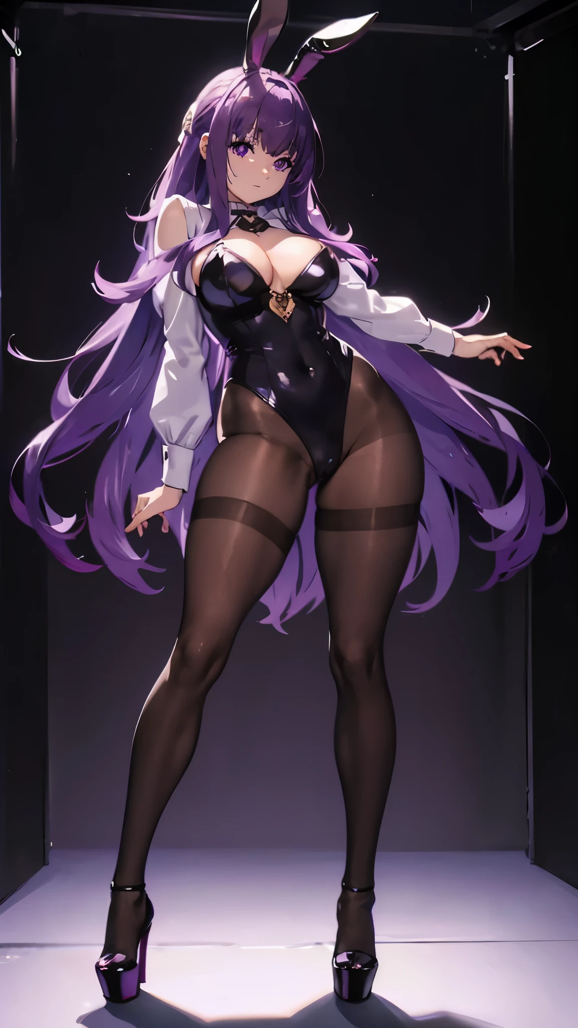 ((masterpiece, high resolution, best quality, best details, anime)), a woman standing in a bunny suit, bunny ears, sexy black leotard, ((black pantyhose)), platform high heels, long hair, purple hair, purple eyes with black outline, medieval tavern landscape, curvy body,