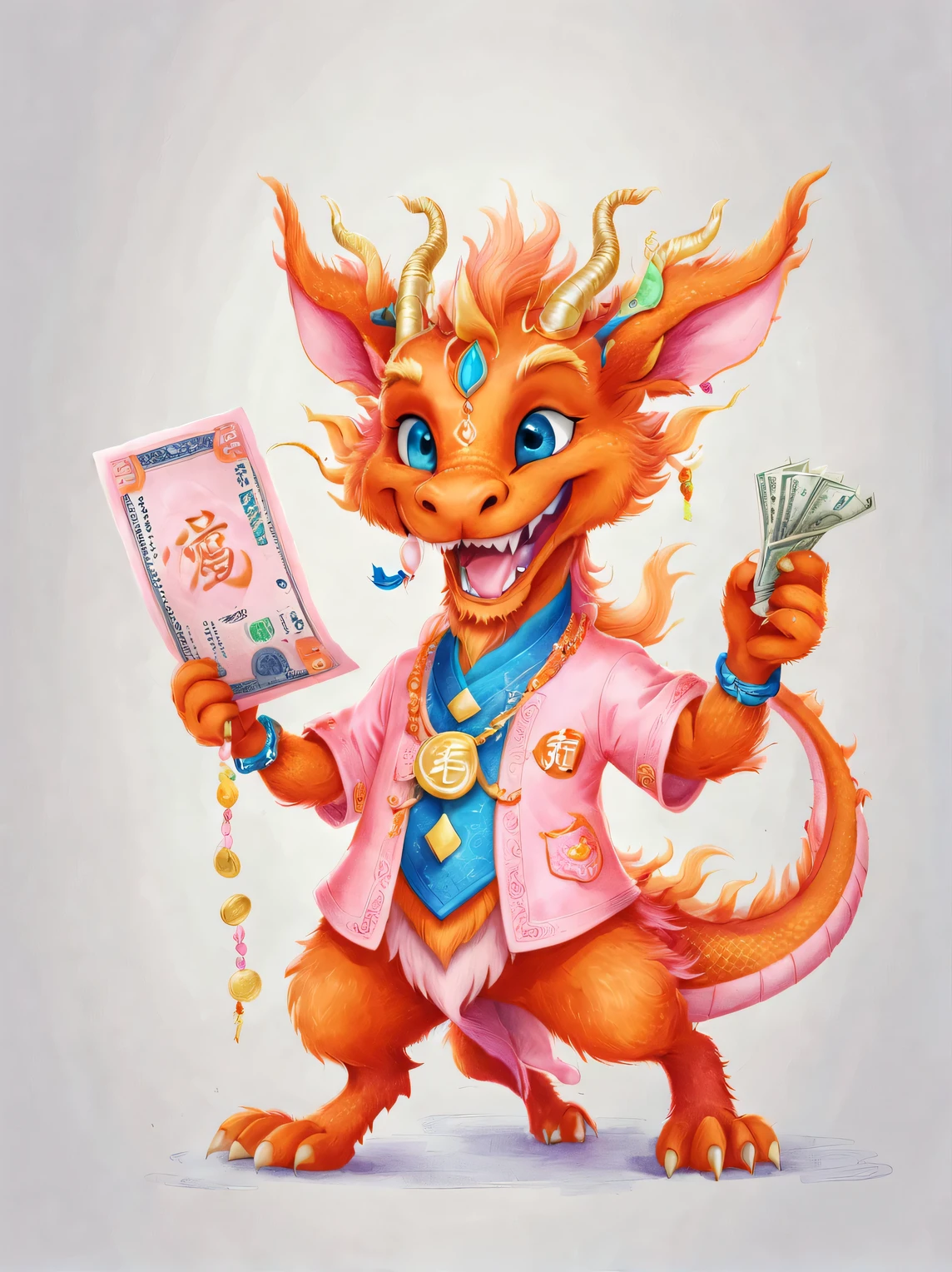 character idea, Featuring the adorable zodiac sign Dragon,exaggerated gait, orange fur, big blue eyes, (Super funny squinting eyes and smiling mischievously), (Holding a large amount of money), wearing scarlet clothes, range mark plot, monochrome, Ballpoint pen outline, 4K, soft pink, interesting,