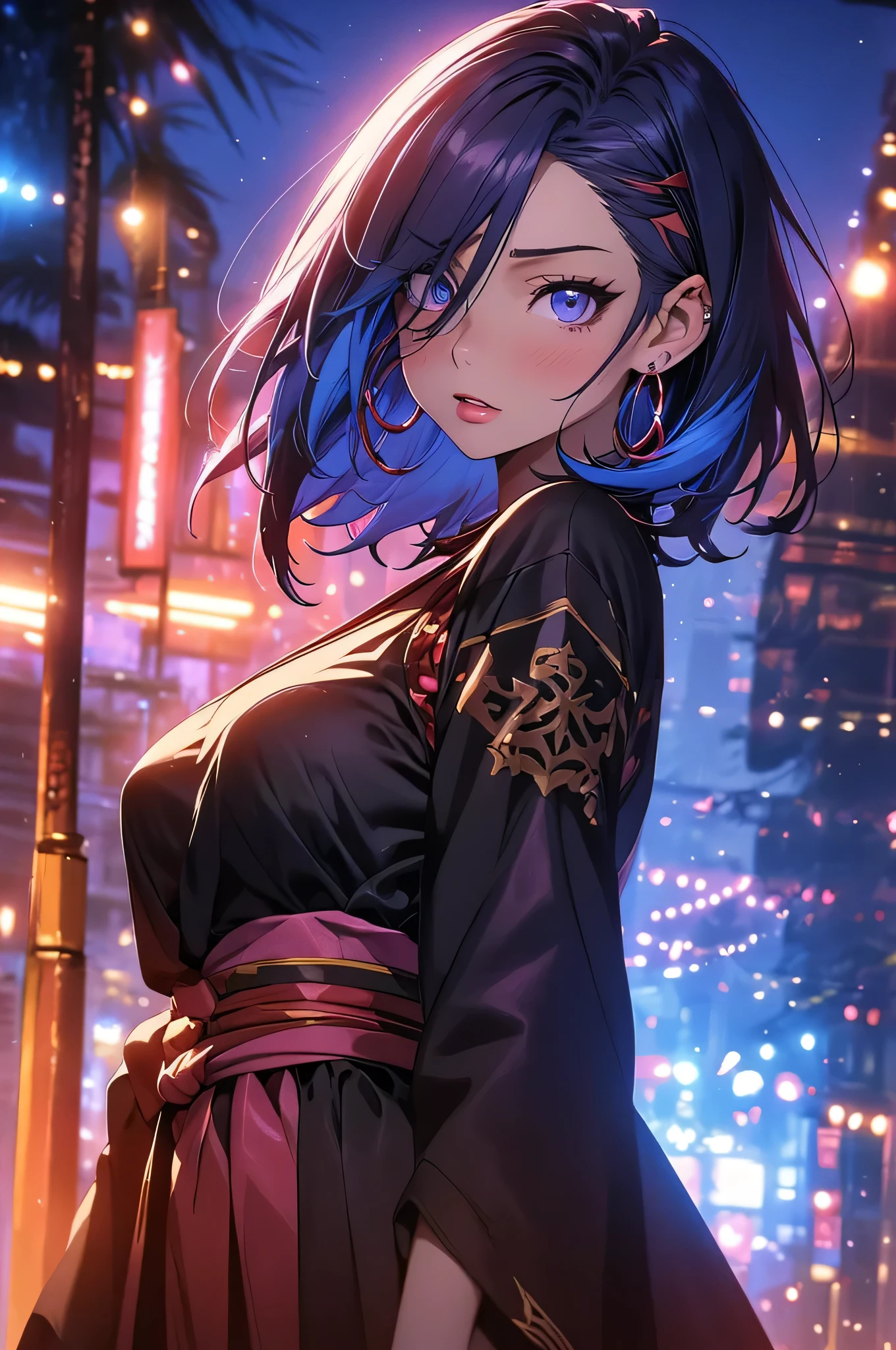 anime style, movieポートレート写真, 1 female, 22 years ago, Full body Esbian,Blue eyes background, big and full breasts, anger, (scarlet colored hair), long hair, purple eyes, wearing a short black dress, (natural skin texture vivid details, surreal, (realistic detailed eyes, natural skin texture, realistic facial details), soft and dramatic lighting, Depth of written boundary, Bokeh, vivid details, surreal, 35mm movie, hazy blur, movie,lipstick, ear piercing, eye shadow, hoop earrings, Red-pink lips, multicolored red eyes, purple theme,,Wear an iridescent aura,beautiful eyes,stand in front of the red gate、shrine,Jingumae,bold pose、decide on a pose,short hair