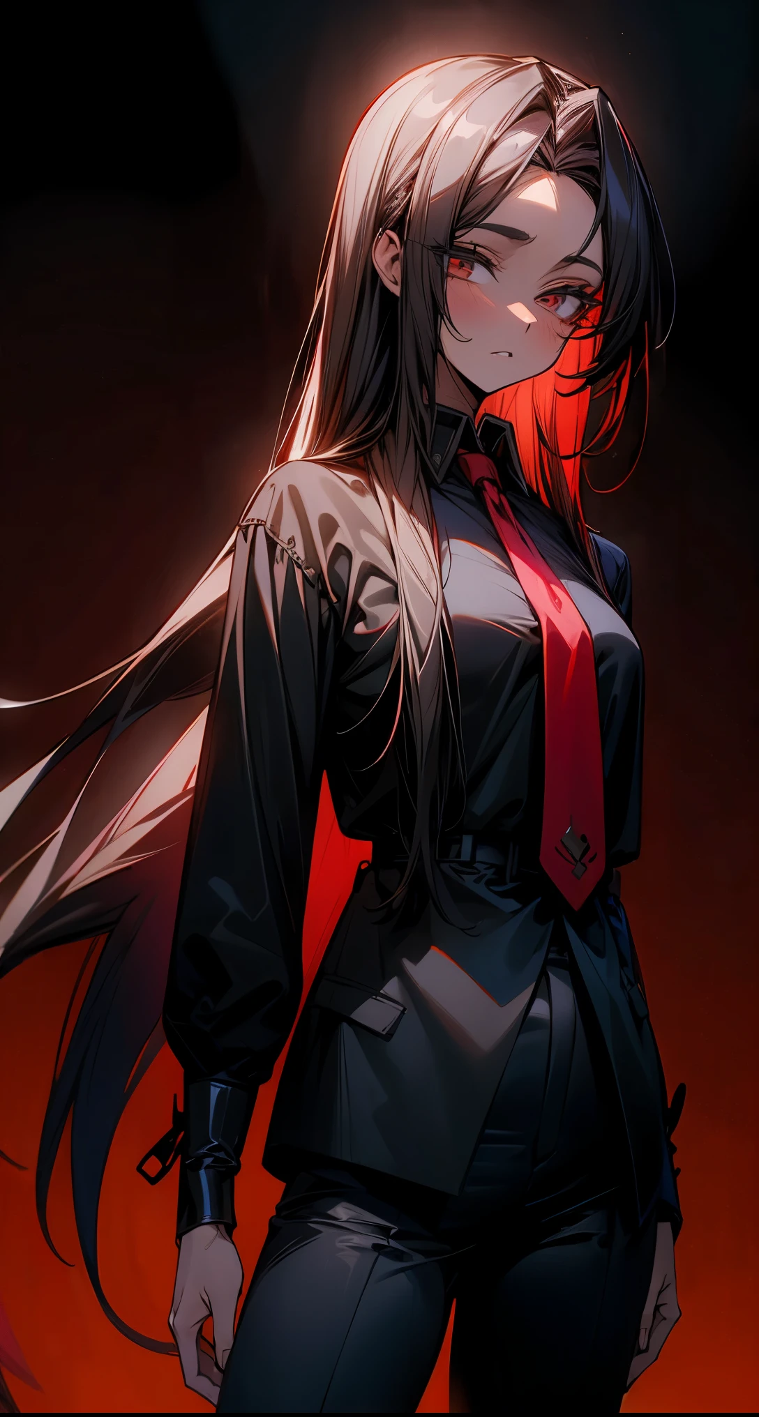 ((Obra maestra)) una mujer, enojada, mirando hacia el espectador, Long sleeve shirt black pants red tie,High resolution 8K, ultra detallado, cabello rojo,UHD,