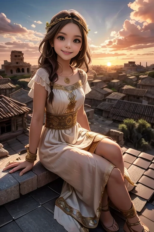 a fairy smiling seeing the landscape, ancient city with magical ambient, sunset, beautiful antient city at sunset, fantasy art style, rpg art style