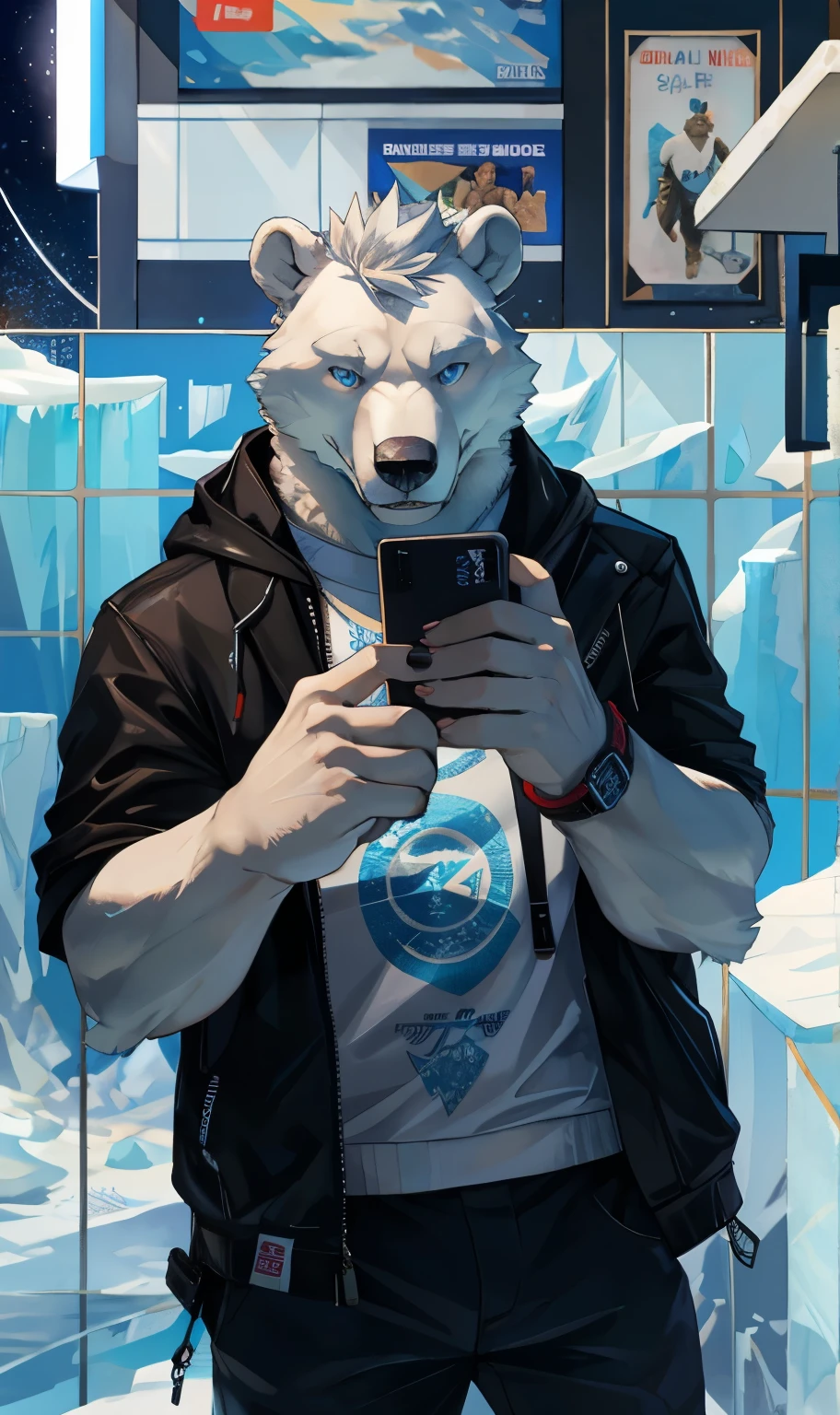 (best quality, highres, ultra-detailed), realistic, White solo male muscular polar bear with short spiky white hair taking a selfie, furry, icy background, clear blue sky, sharp focus, intense gaze, expressive eyes, smartphone in paw, perfect lighting, Arctic ambiance, vivid colors
