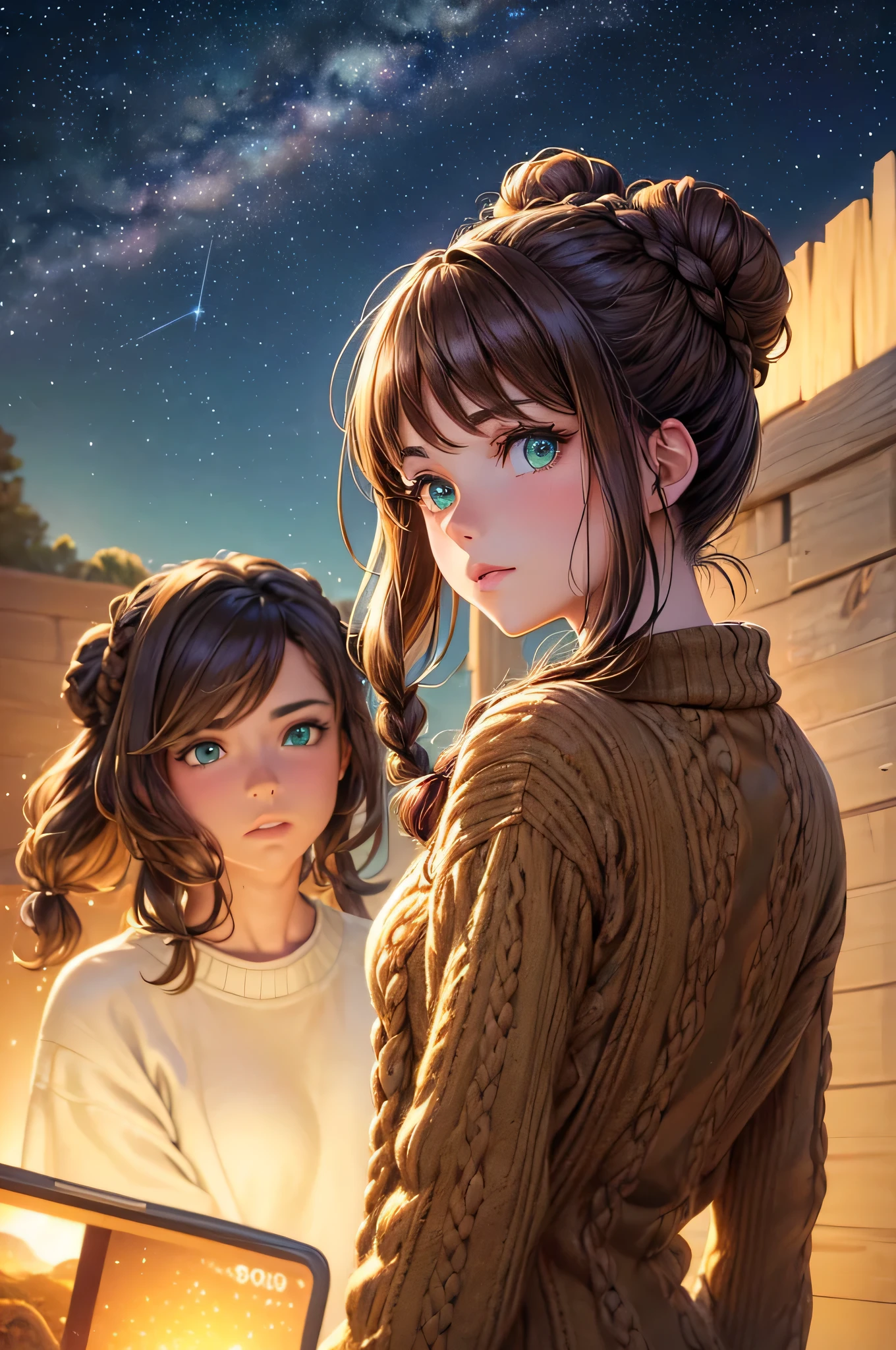 (Garota,olhos verdes,lindos olhos detalhados,cabelo castanho,two buns,two braids,Knitted sweater,admira as estrelas,Stargazing,campo aberto,Nature scenery) (melhor qualidade,4k,high resolution,sharp focus),(realista,photorealista),(HDR,profissional),cores vivas,studio lighting