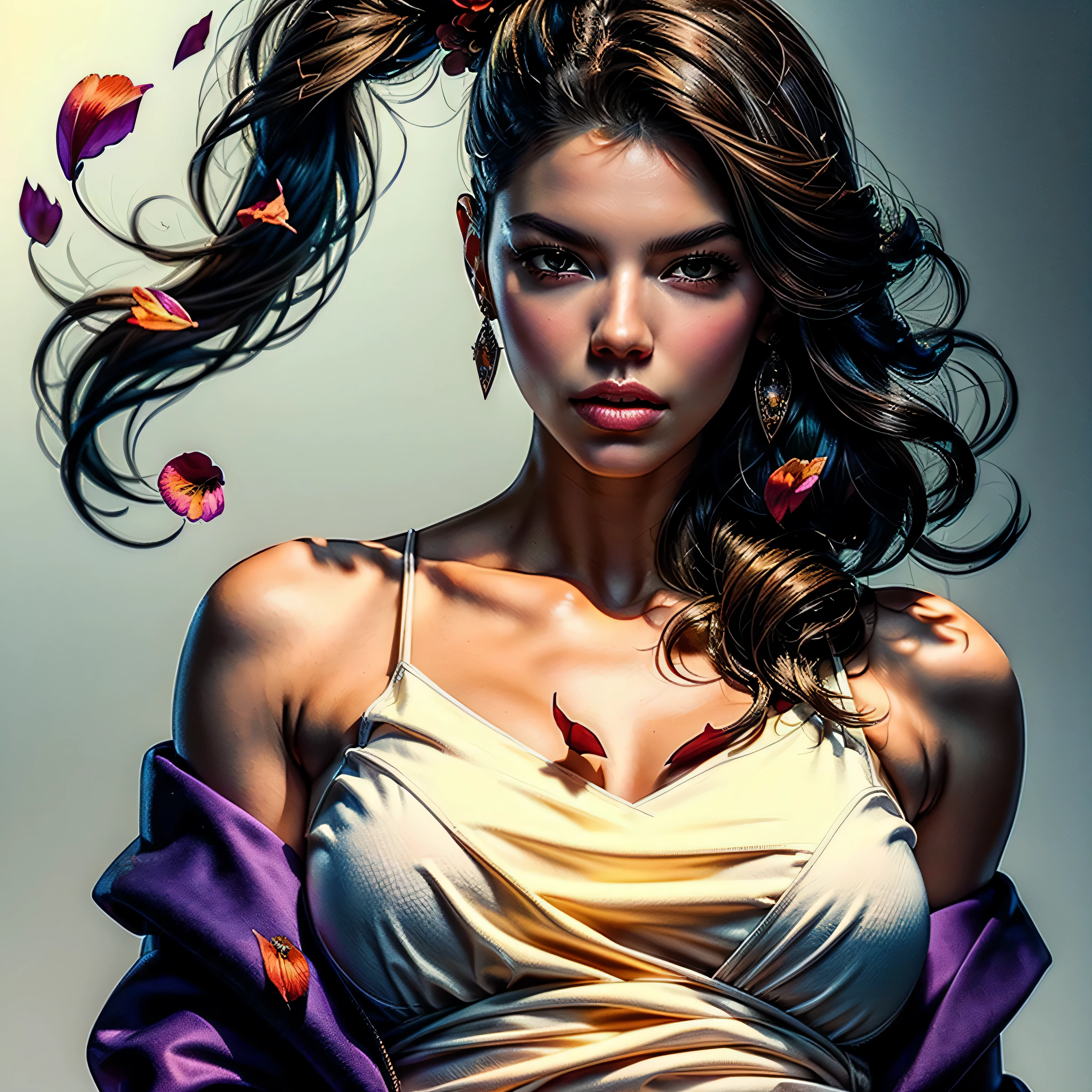 style FANTASTIC::Marc Silvestri ::5.0 COMIX illustration style, Fantastic Paintings--quality ,illustration style, DETAILED ,TATOON STYLE , Adriana Lima ,beautiful woman with long straight haiR ULTRA DETAILED, (beautiful and clear background:1.2), (extremely detailed CG, ultra-detailed, best shadow:1.1), ((depth of field)), ((watercolor)), large breasts(with jeans and a white t-shirt or dress:1.3), bare shoulders, flowers and petals, beautiful concept illustration , (white background:0.5), (illustration :1.1), (extremely fine and beautiful:1.1), (perfect details:1.1) varied multi etc. --v 6 --s 1000 --c 20 --q 20 --chaos 100