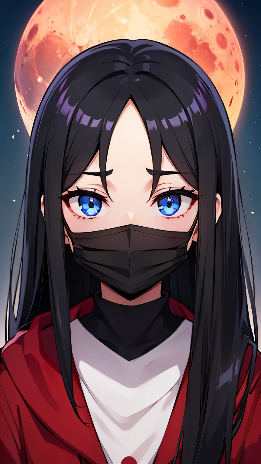 1girl black hair, focus on face, blue eyes, black face mask,(night) blood moon, visible forehead, high quality, masterpiece 
