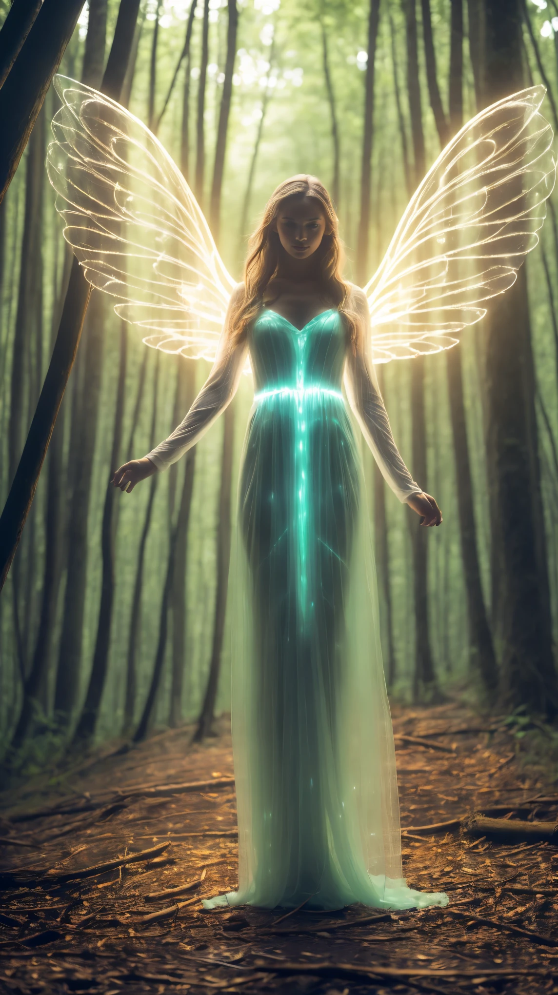 a girl，solo，Luminous glasses，pretty face，glowing eyes，angel wings，Full body photo，looking at the audience，Green-orange painting style，Mysterious forest，Hazy beauty，fantasy feeling，mystical colors，reality，detailed，atmosphere，Tyndall light effect