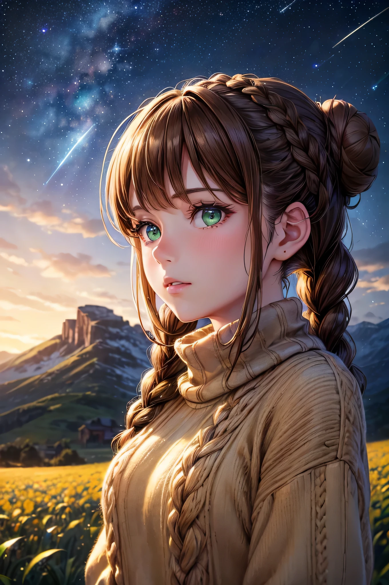 (Garota,olhos verdes,lindos olhos detalhados,cabelo castanho,two buns,two braids,Knitted sweater,admira as estrelas,Stargazing,campo aberto,Nature scenery) (melhor qualidade,4k,high resolution,sharp focus),(realista,photorealista),(HDR,profissional),cores vivas,studio lighting