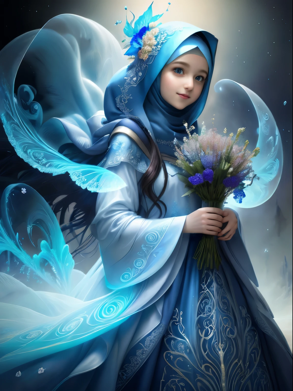 smiling face Subtle girl with flowers Wearing a veil, full dress, full robe, ethereal fantasy concept art of intricate paper quilled , vibrant, beautiful paper quills, hyper detailed, insane depth, gorgeous composition, chaotic but orderly . magnificent, celestial, ethereal, painterly, epic, majestic, magical, fantasy art, cover art, dreamy . magnificent, celestial, ethereal, painterly, epic, majestic, magical, fantasy art, cover art, dreamy