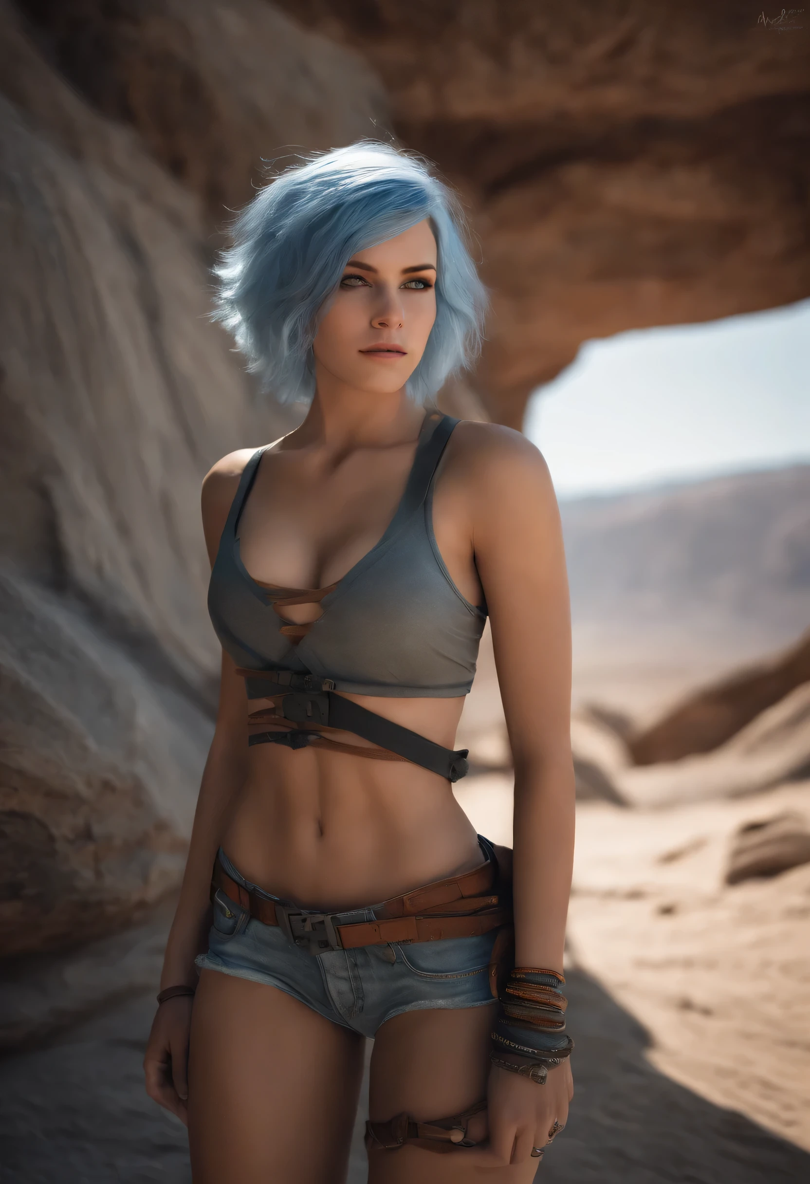 Bright shot: 1.3), epic realistic, blue eyes, girl raider, (one girl), light gray non-transparent bra, transparent fabric at the waist, wavy hair 1.4, (light blue hair), short hair, dark blue and orange color scheme, (light blue torn jean shorts), large breasts, aesthetics of wasteland and canyons!!! n ruins, soft cinematic light, Adobe Lightroom, darkroom, HDR, intricacy, green bracelets on the arms, straps from red thrings over transparent fabric at the waist, thong under shorts