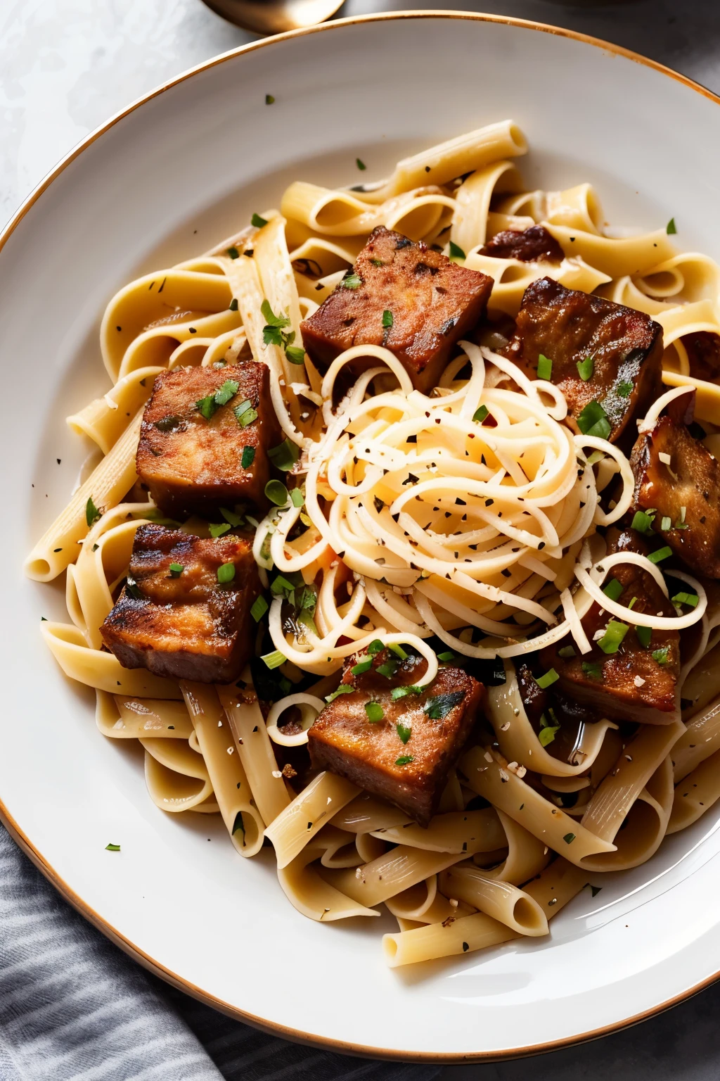 A very elegant restaurant plate, featuring an exquisite Italian tagliatelle dish, meticulously crafted with rich sauce enclosed, gracefully adorned with generous sprinklings of cheese on top. Captured in best quality, this professional photo boasts an Extremely Detailed resolution, expertly photographed with a Canon EOS 5D Mark IV, utilizing a 1.2 photo-realistic lens for a razor-sharp focus on the textures and intricate details of the pasta and sauce. The Digital RAW format preserves all the authentic colors and nuances, reflecting a true-to-life depiction of an Italian feast, bringing the experience of the
