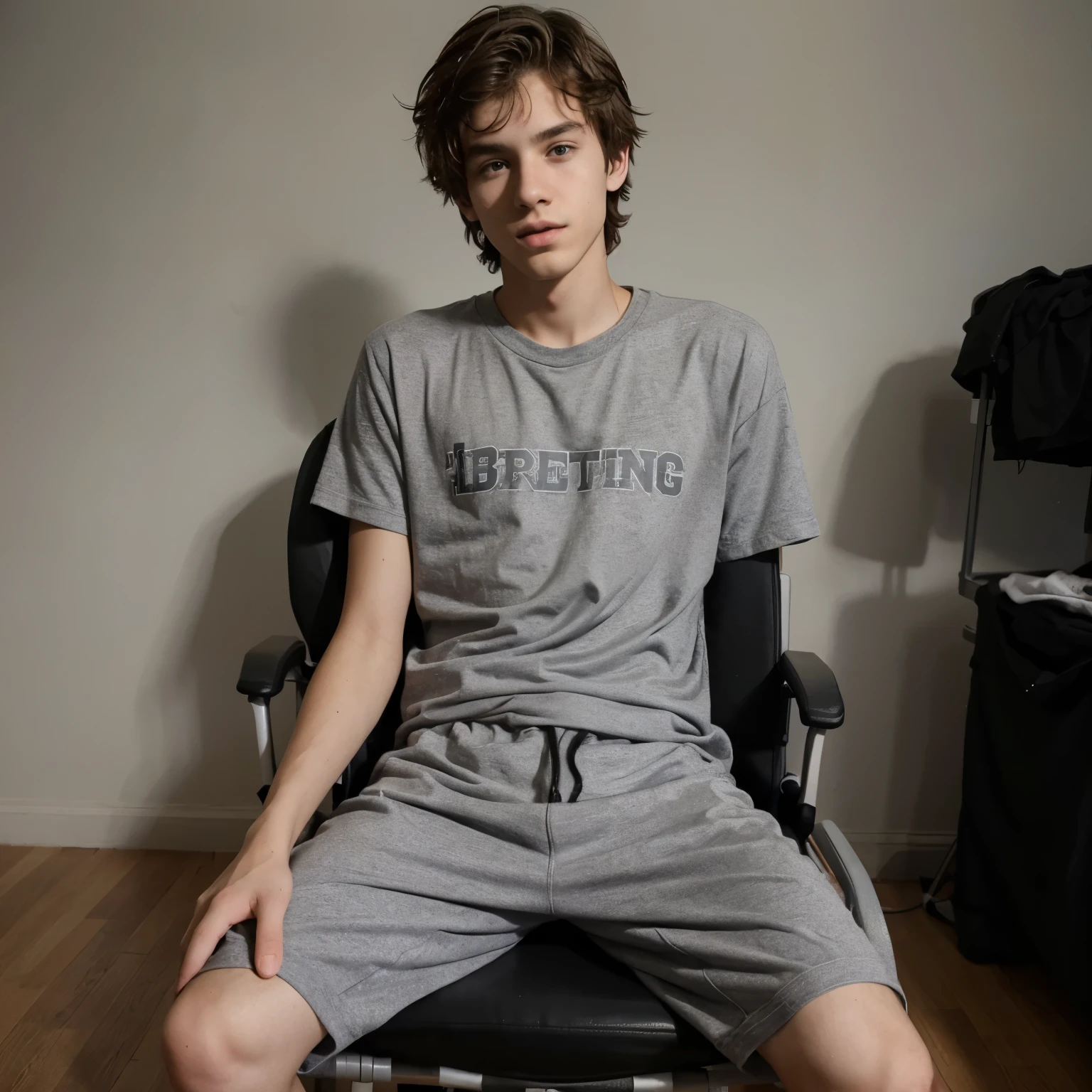 whole body, Barefoot, hairy legs, muscular and toned legs, long legs, teenager, male, muscular, Wearing shorts, Barefoot, 20代の成人male性, Japanese, Thin beard, black rimmed glasses, round face face